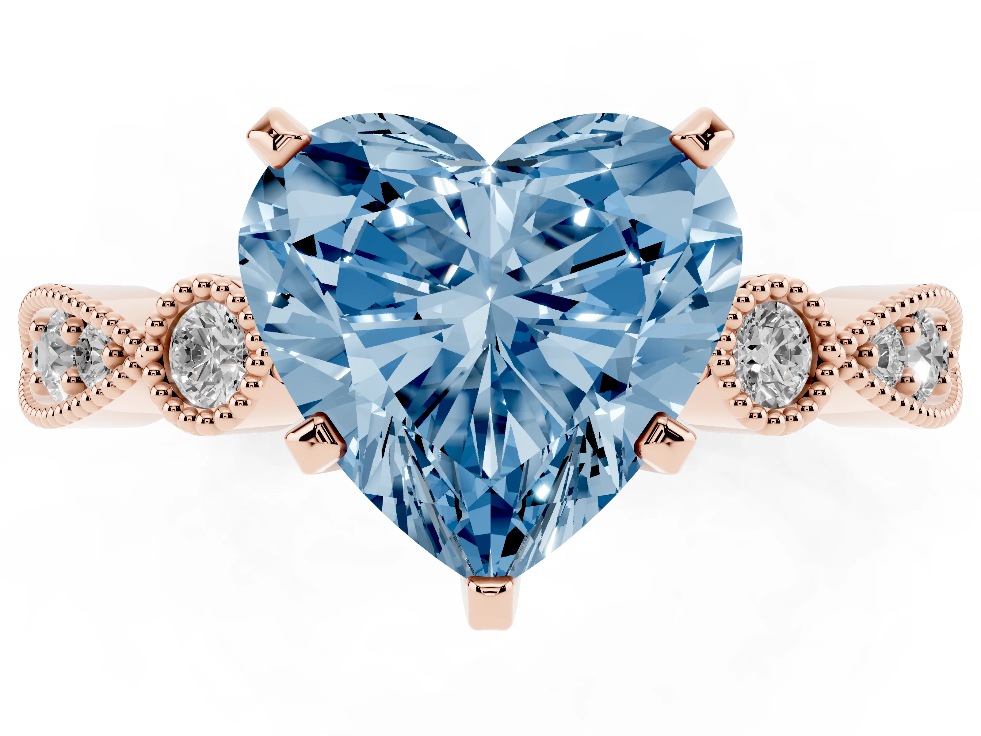 Fancy Blue Heart Cut Diamond Solitaire Engagement Ring Set in Rose gold with Milgrain Bezel Accent Band