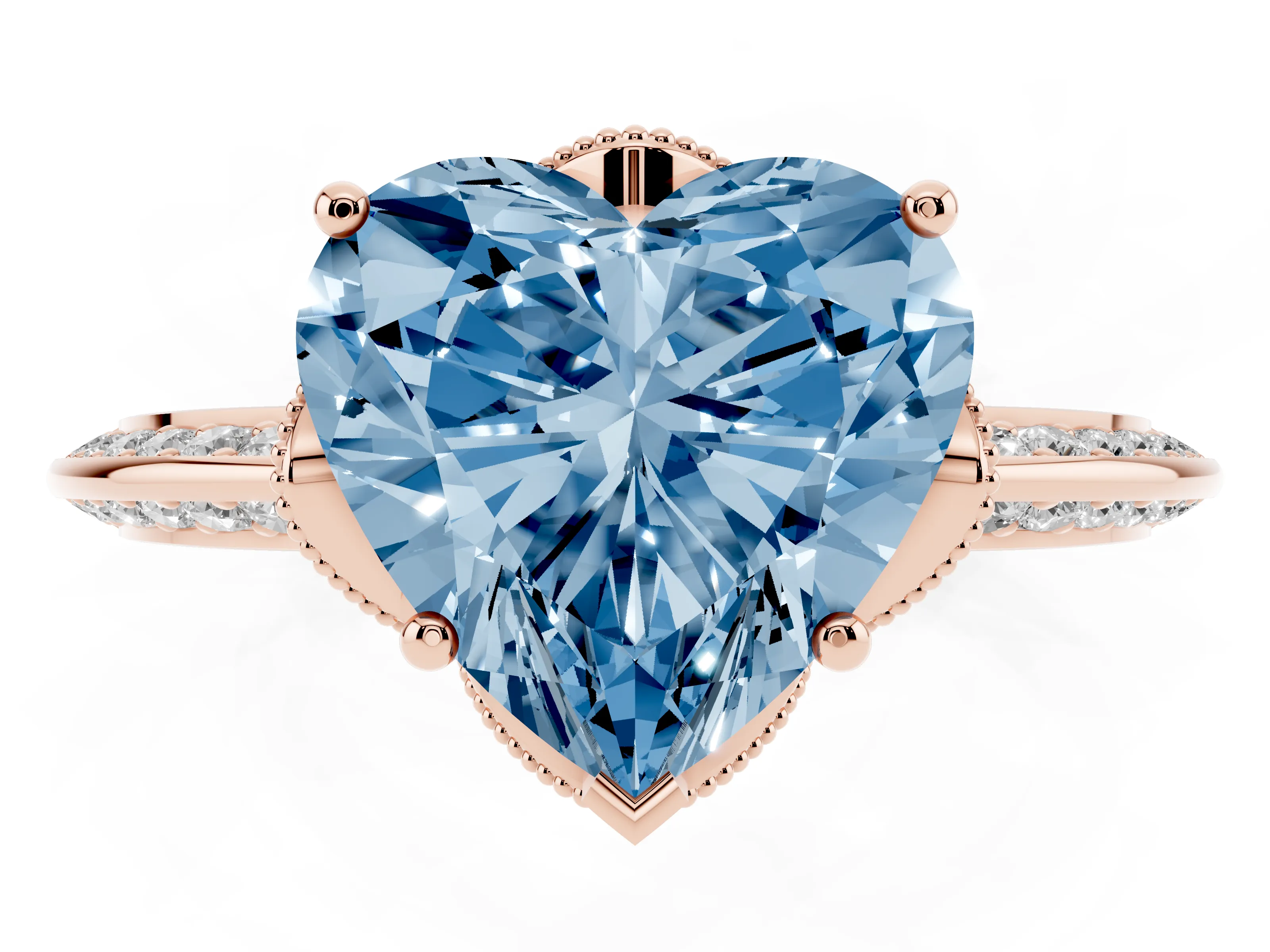 Fancy Blue Heart Cut Diamond Solitaire Engagement Ring Set in Rose gold with Pavé Split Shank and Prong Setting