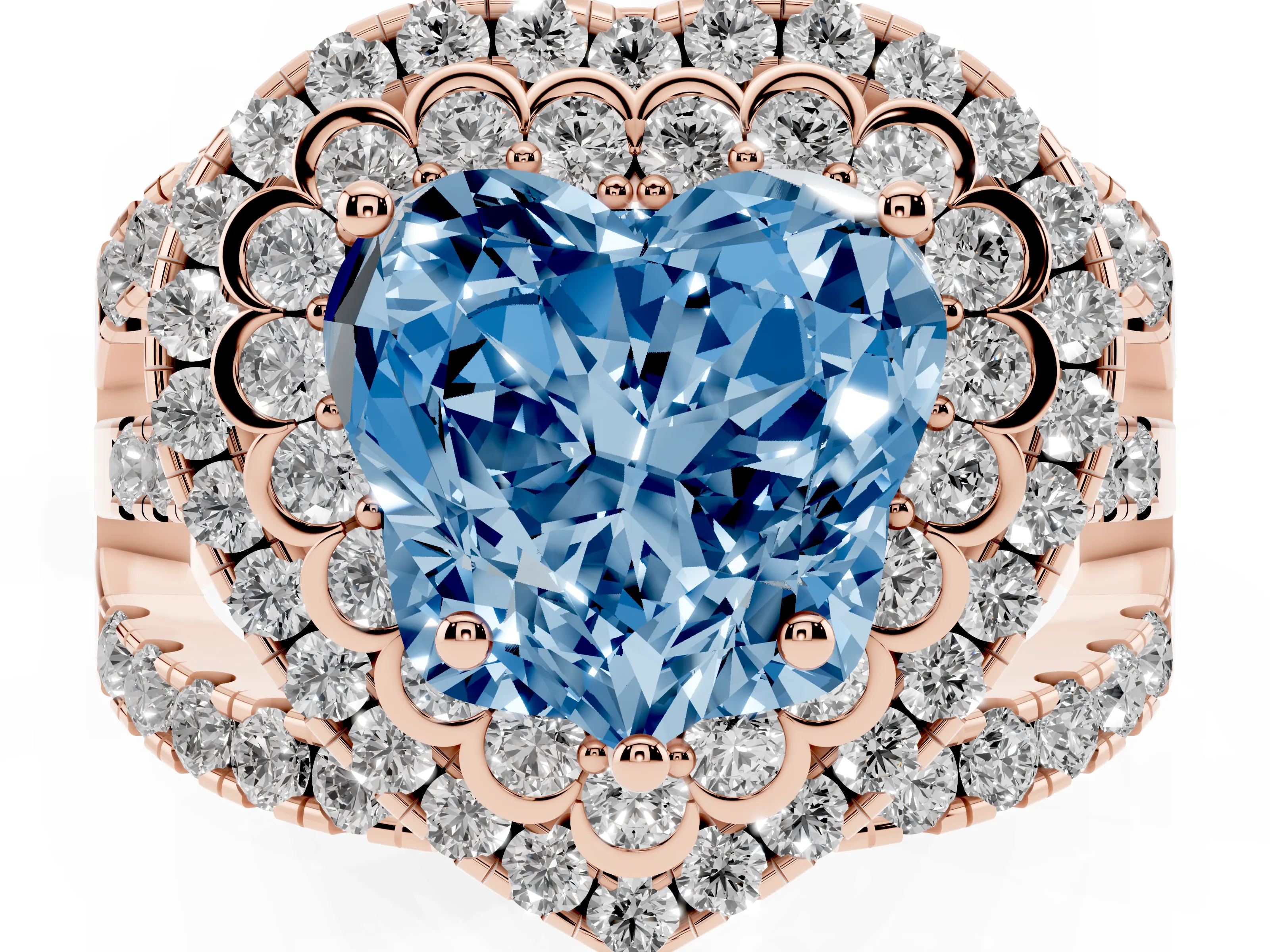 Fancy Blue Heart Cut Diamond Double Halo Ring Set in Rose gold with Round Pavé Split Shank