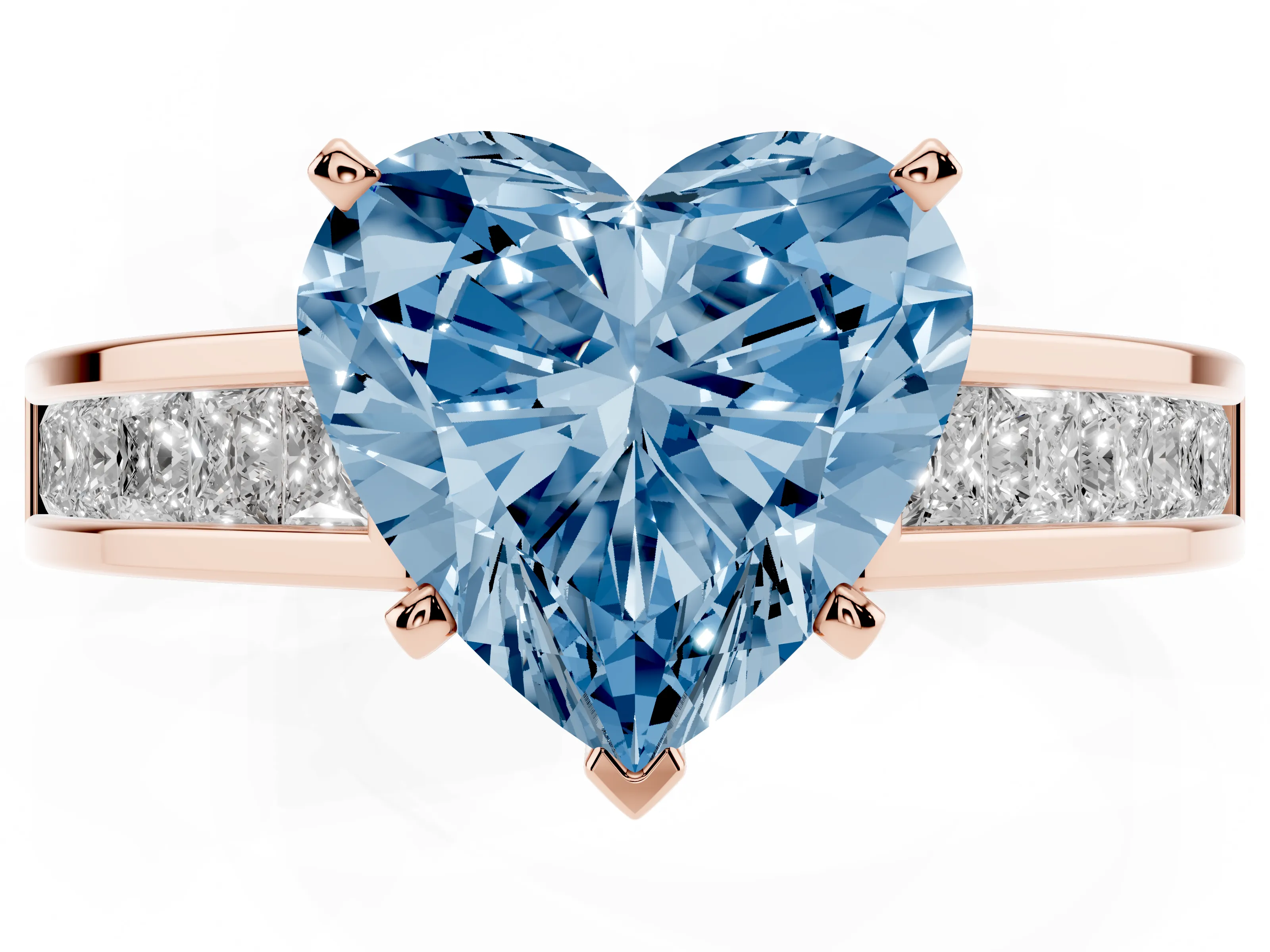 Fancy Blue Heart Cut Diamond Solitaire Ring Set in Rose gold with Channel-Set Band and Prong Setting