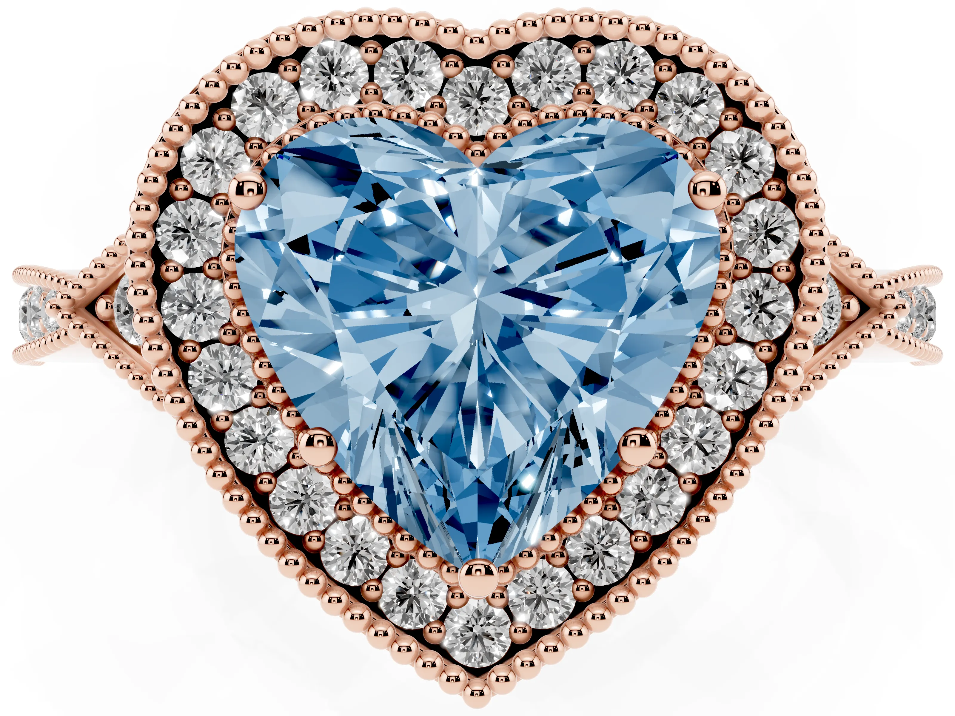 Fancy Blue Heart Cut Diamond Halo Engagement Ring Set in Rose gold with Milgrain Pavé Band