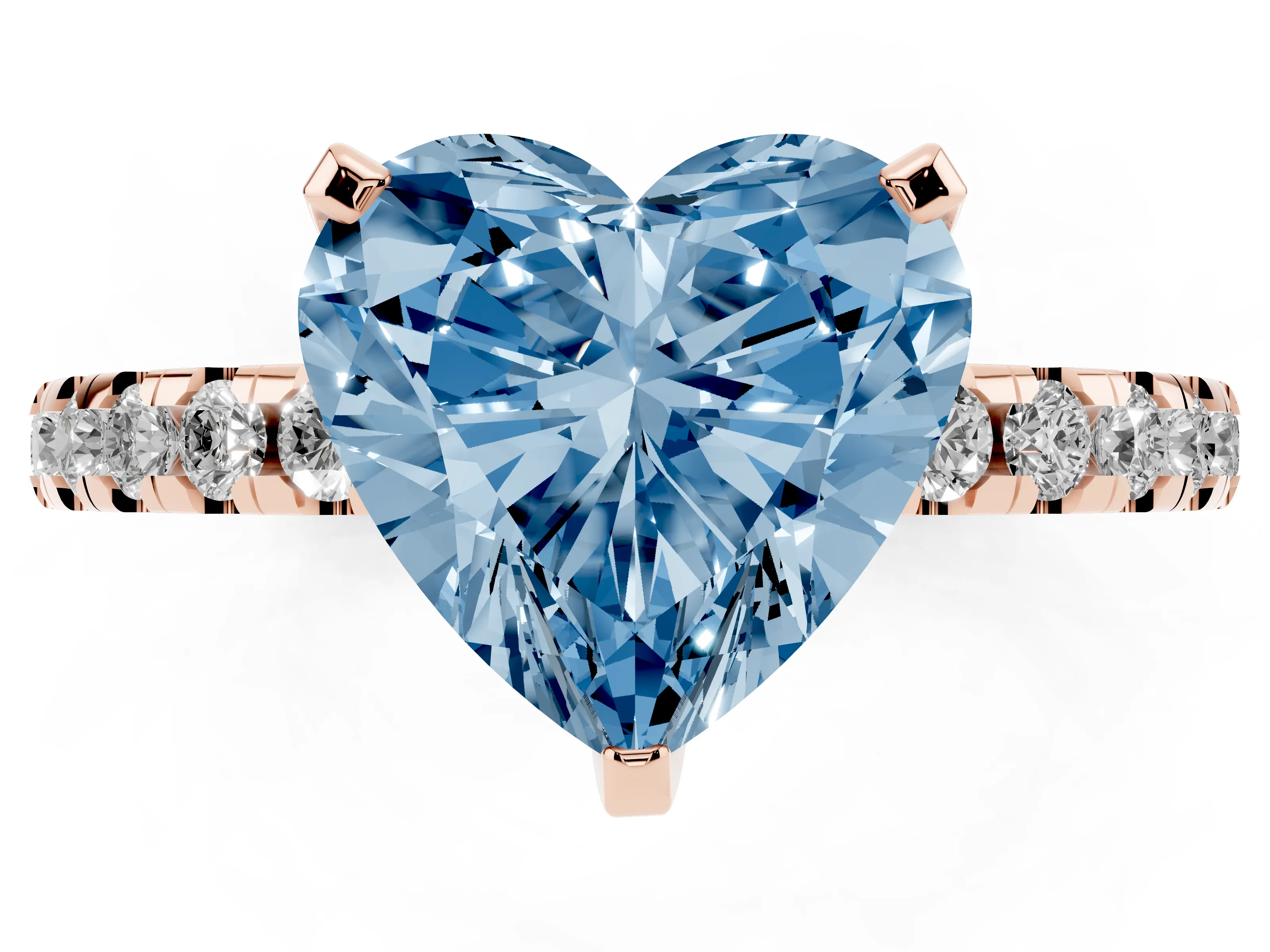 Fancy Blue Heart Cut Diamond Pavé Solitaire Ring Set in Rose gold with Round Band Accents and Prong Setting