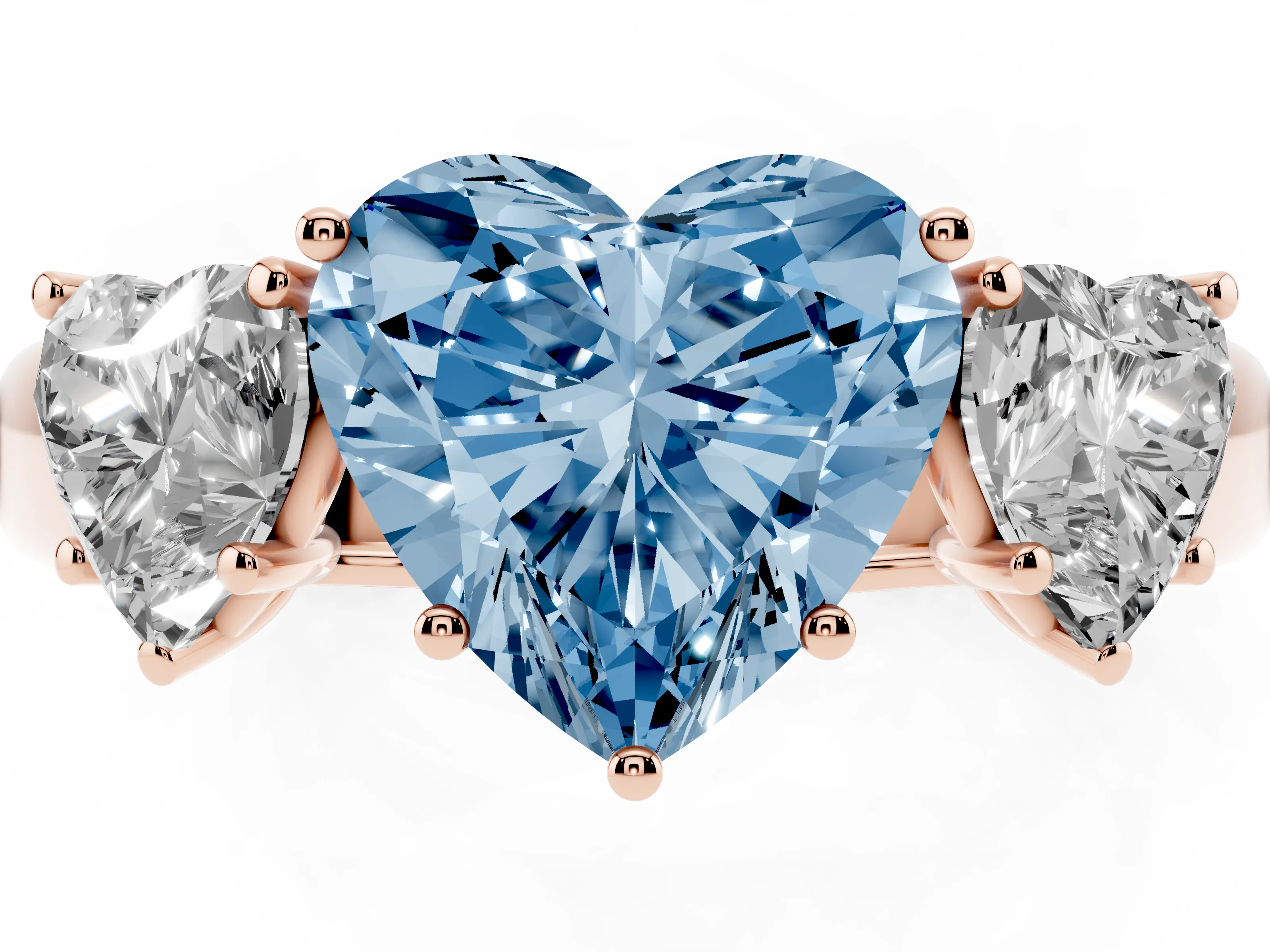 Fancy Blue Three-Stone Heart Cut Diamond Ring Set in Rose gold with Matching Prong Settings and Plain Band