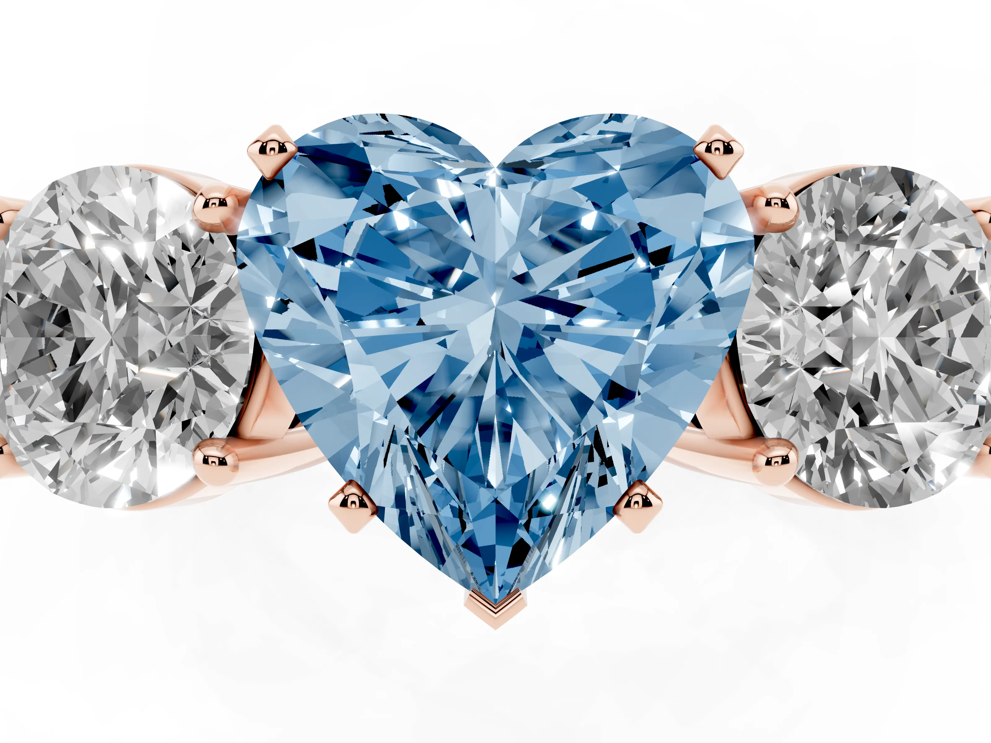 Fancy Blue Heart Cut Diamond Three-Stone Ring Set in Rose gold with Round Side Stones and Classic Band