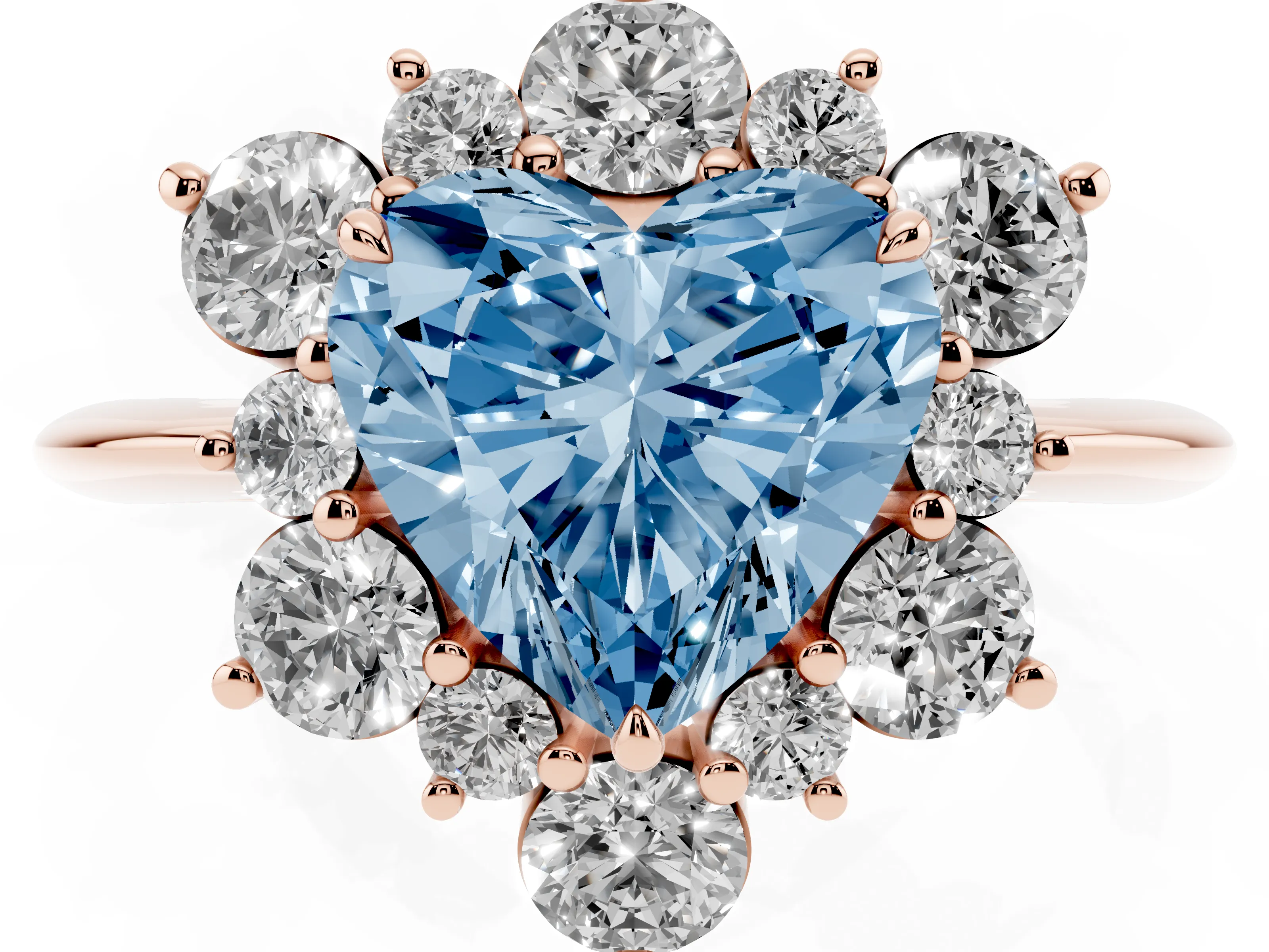 Fancy Blue Heart Cut Diamond Cluster Halo Ring Set in Rose gold with Solitaire Band and Prong Setting