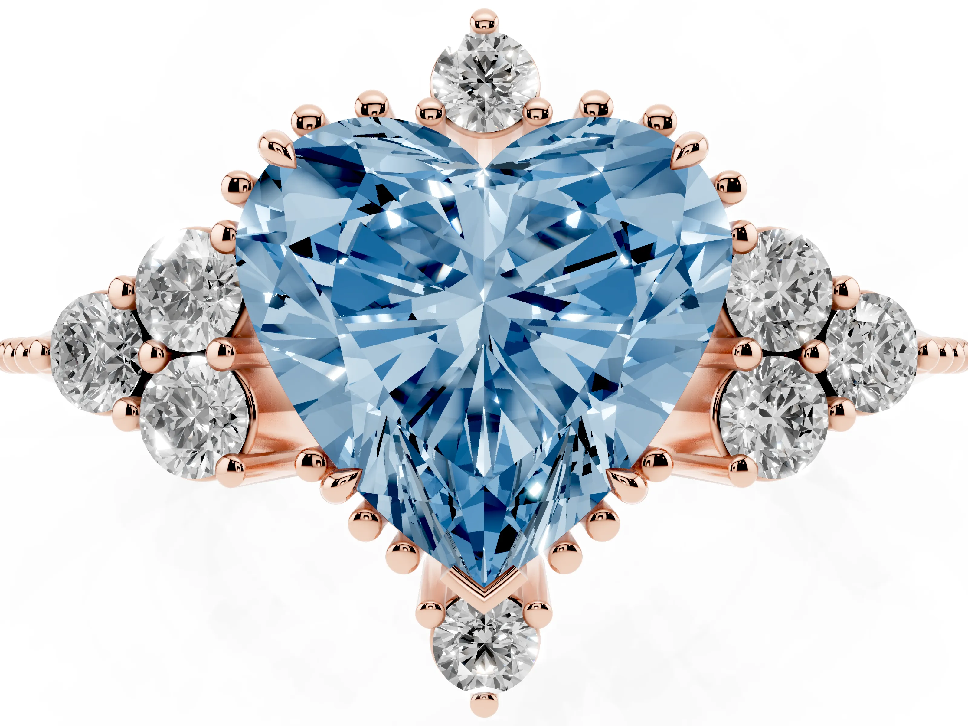 Fancy Blue Heart Cut Diamond Cluster Ring Set in Rose gold with Beaded Band