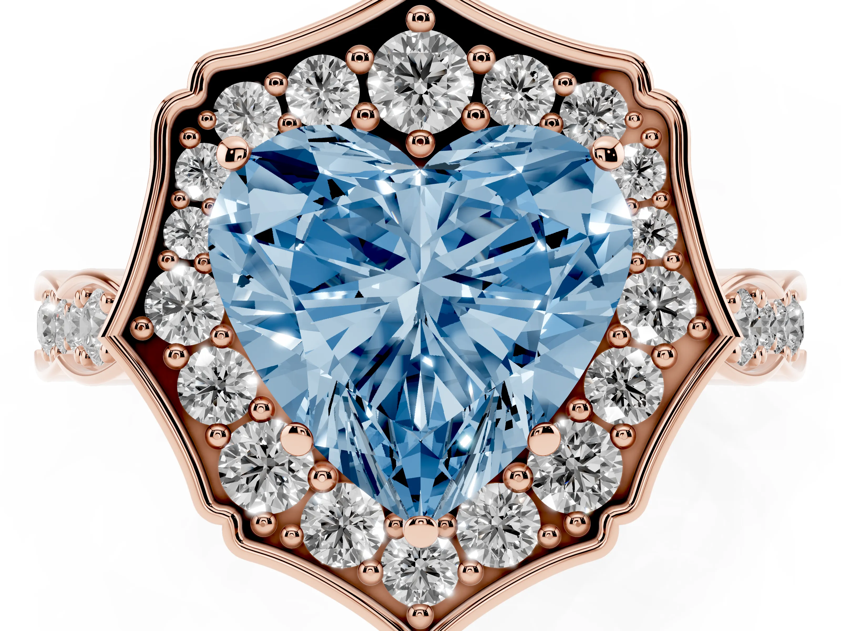 Fancy Blue Heart Cut Diamond Halo Engagement Ring Set in Rose gold with Milgrain Band and Prong Setting