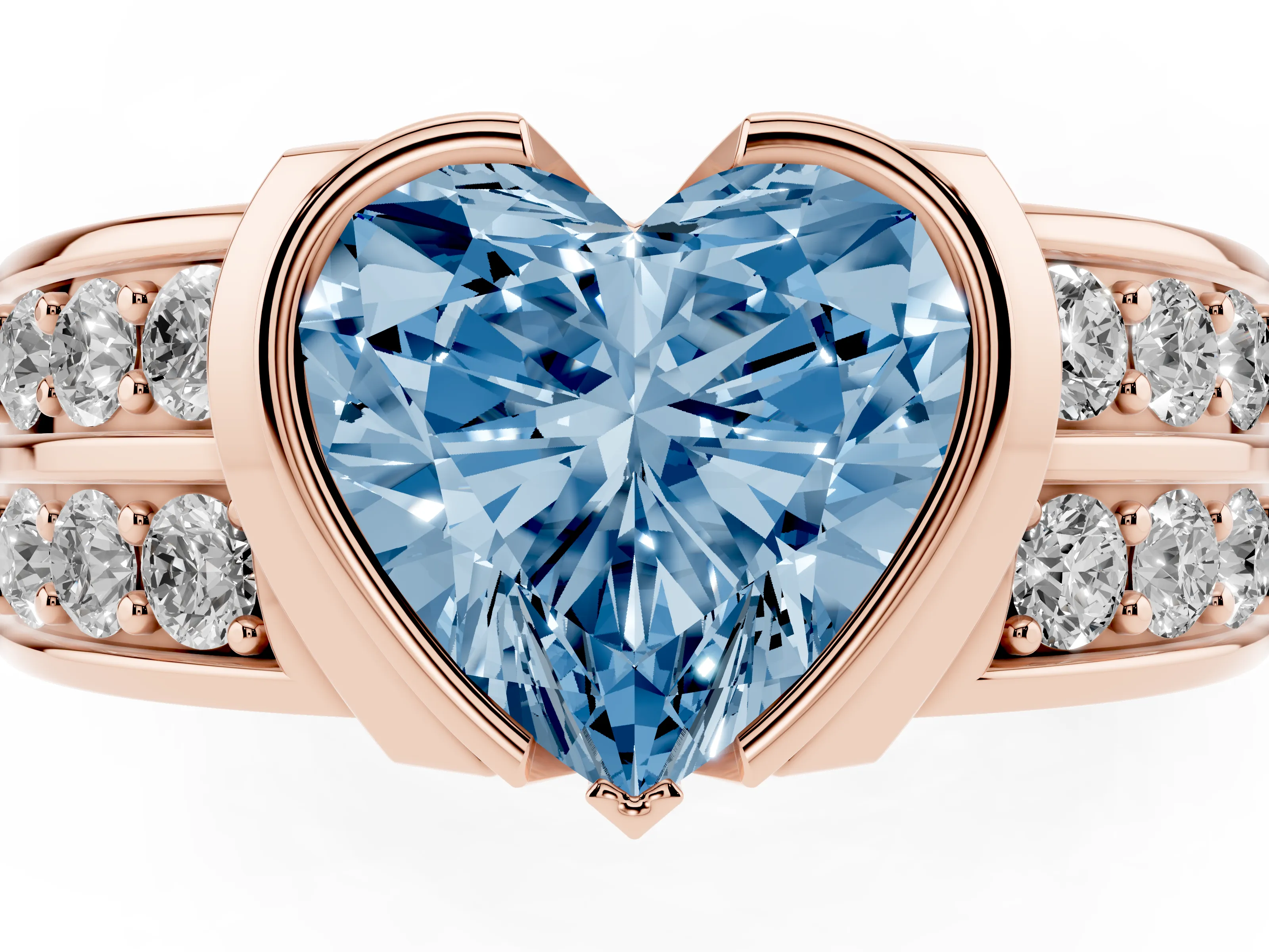 Fancy Blue Heart Cut Diamond Wide Channel Set Band Ring Set in Rose gold with Bezel Setting