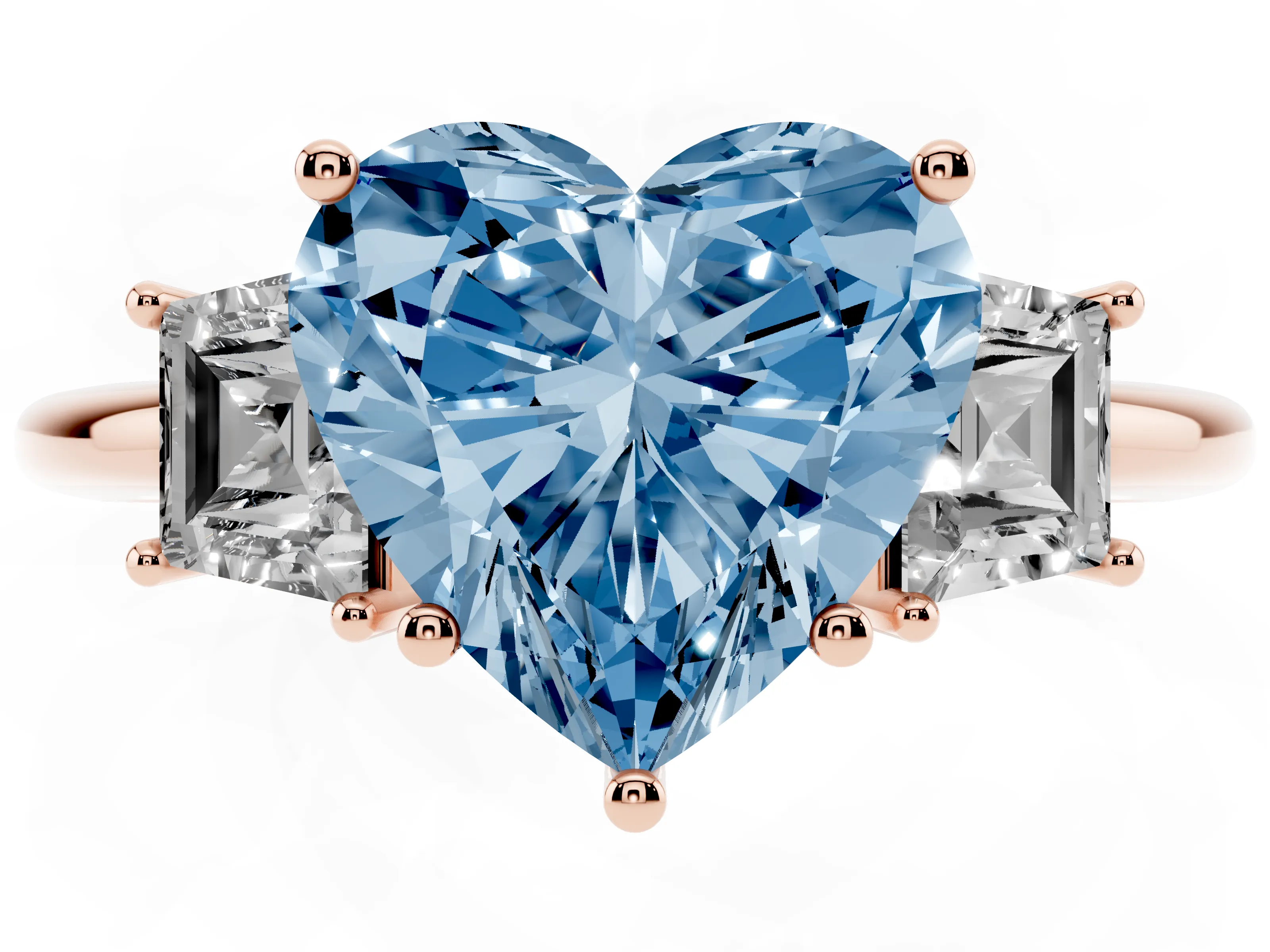 Fancy Blue Heart Cut Diamond Three-Stone Ring Set in Rose gold with Trapezoid Side Stones and Prong Setting