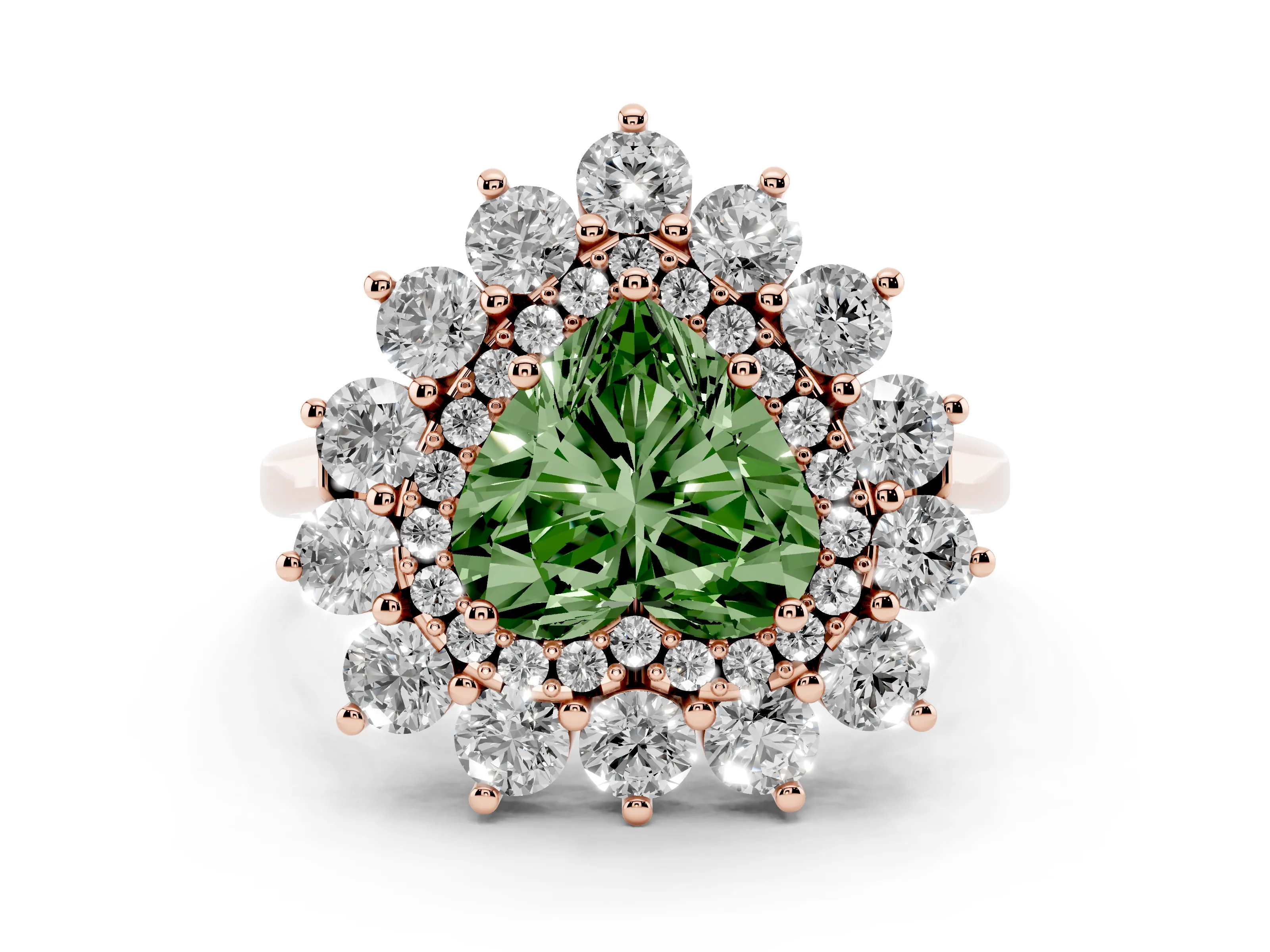 Fancy Green Heart Cut Diamond Floral Double Halo Ring Set in Rose gold with Round Petals