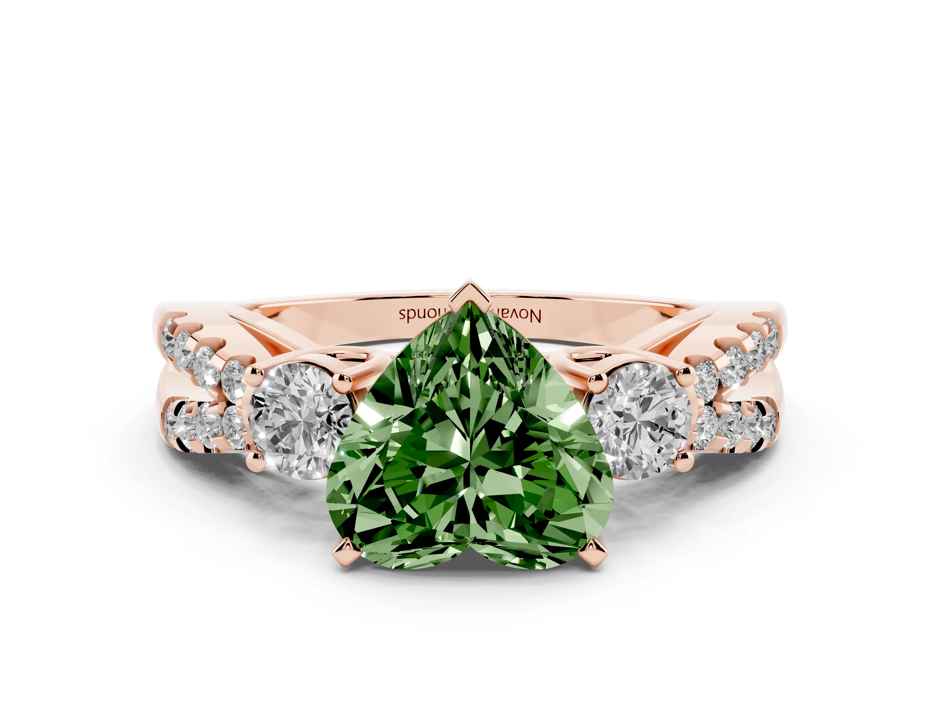 Fancy Green Heart Cut Diamond Three-Stone Ring Set in Rose gold with Pavé Split Shank and Prong Setting