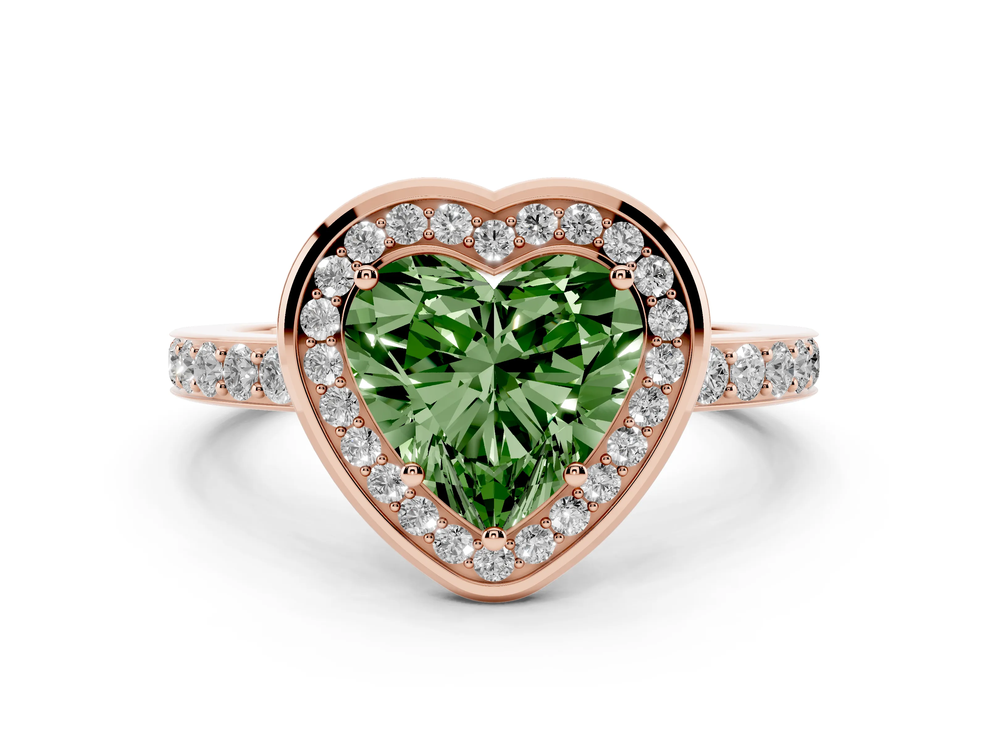 Fancy Green Heart Cut Diamond Halo Ring Set in Rose gold with Bezel Frame and Pavé Band