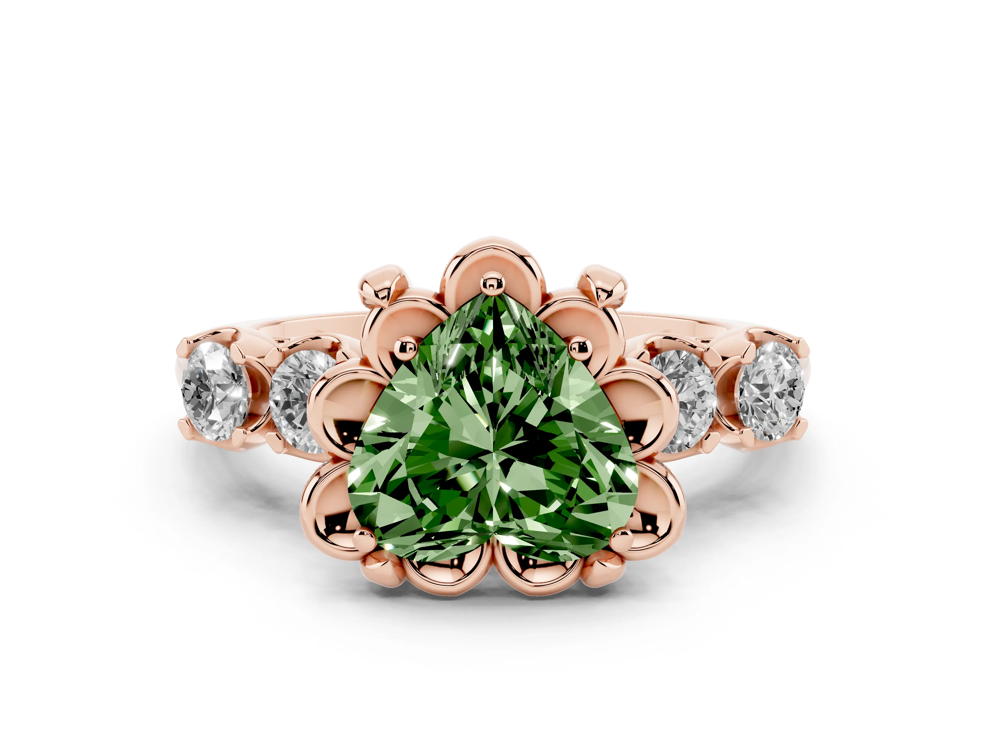 Fancy Green Heart Cut Diamond Floral Halo Ring Set in Rose gold with Shared Prong Band