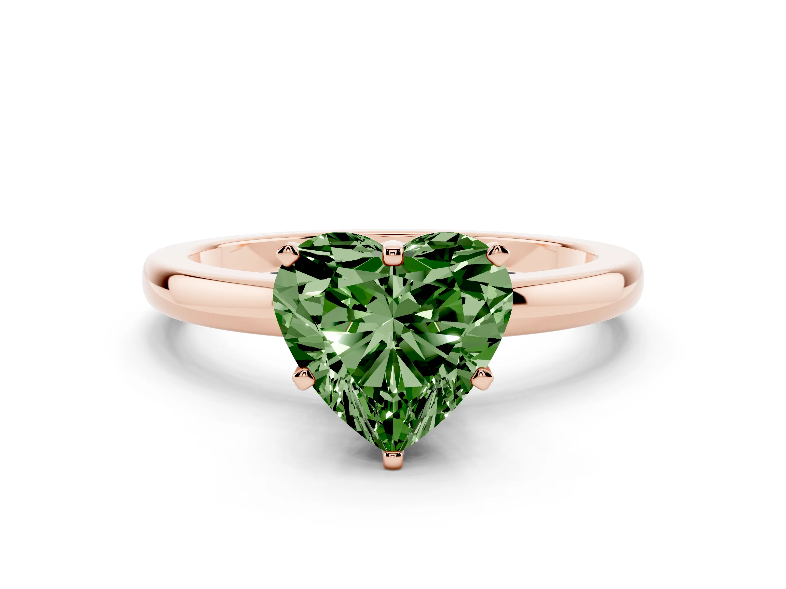 Fancy Green Heart Cut Diamond Solitaire Ring Set in Rose gold with Raised Prong Setting on a Classic Band