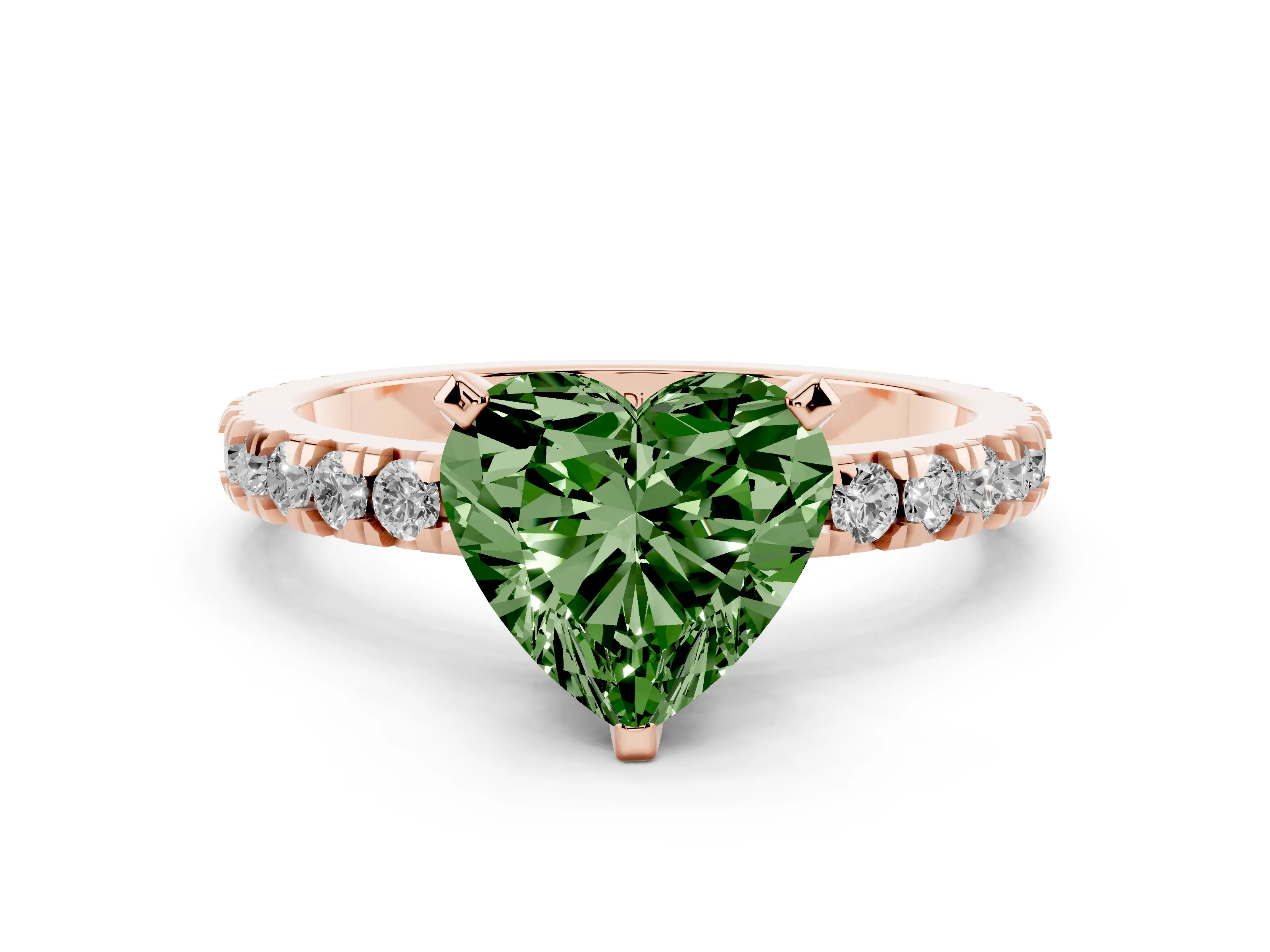 Fancy Green Heart Cut Diamond Pavé Band Solitaire Set in Rose gold with Prong Setting