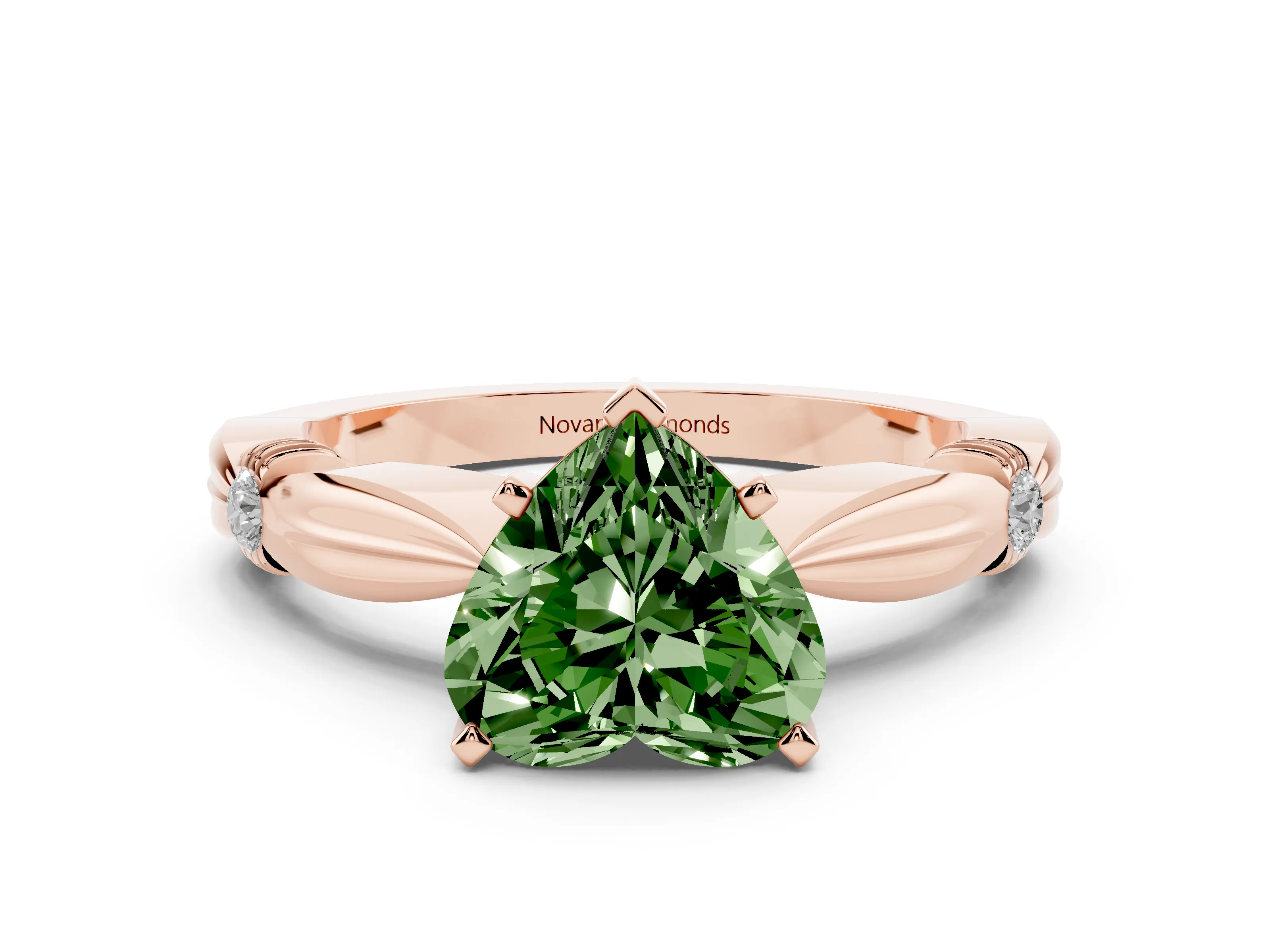 Fancy Green Heart Cut Diamond Solitaire Twisted Band Ring Set in Rose gold with Accent Stones and Prong Setting