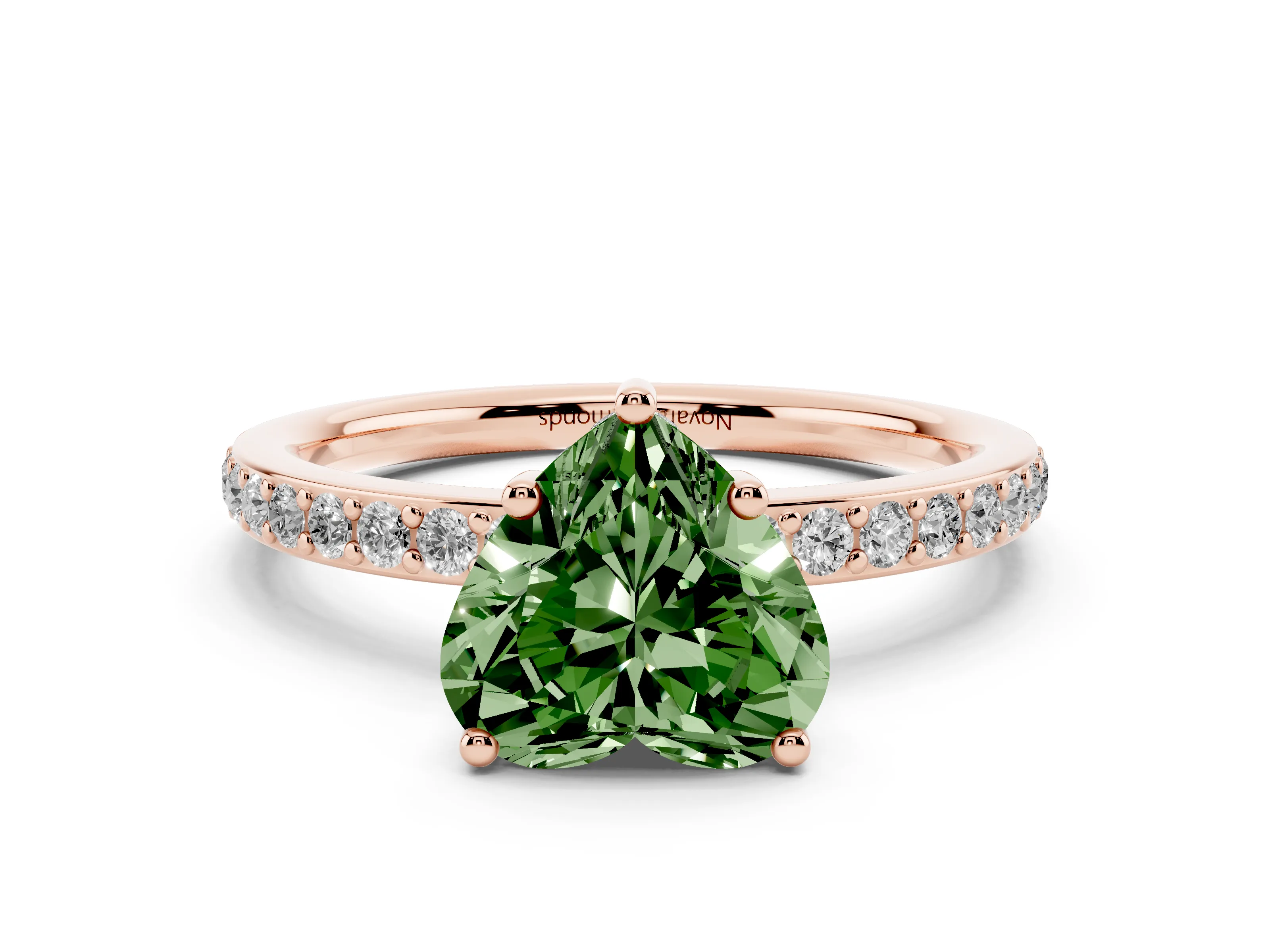Fancy Green Heart Cut Diamond Pavé Band Ring Set in Rose gold with Prong-Set Center Stone