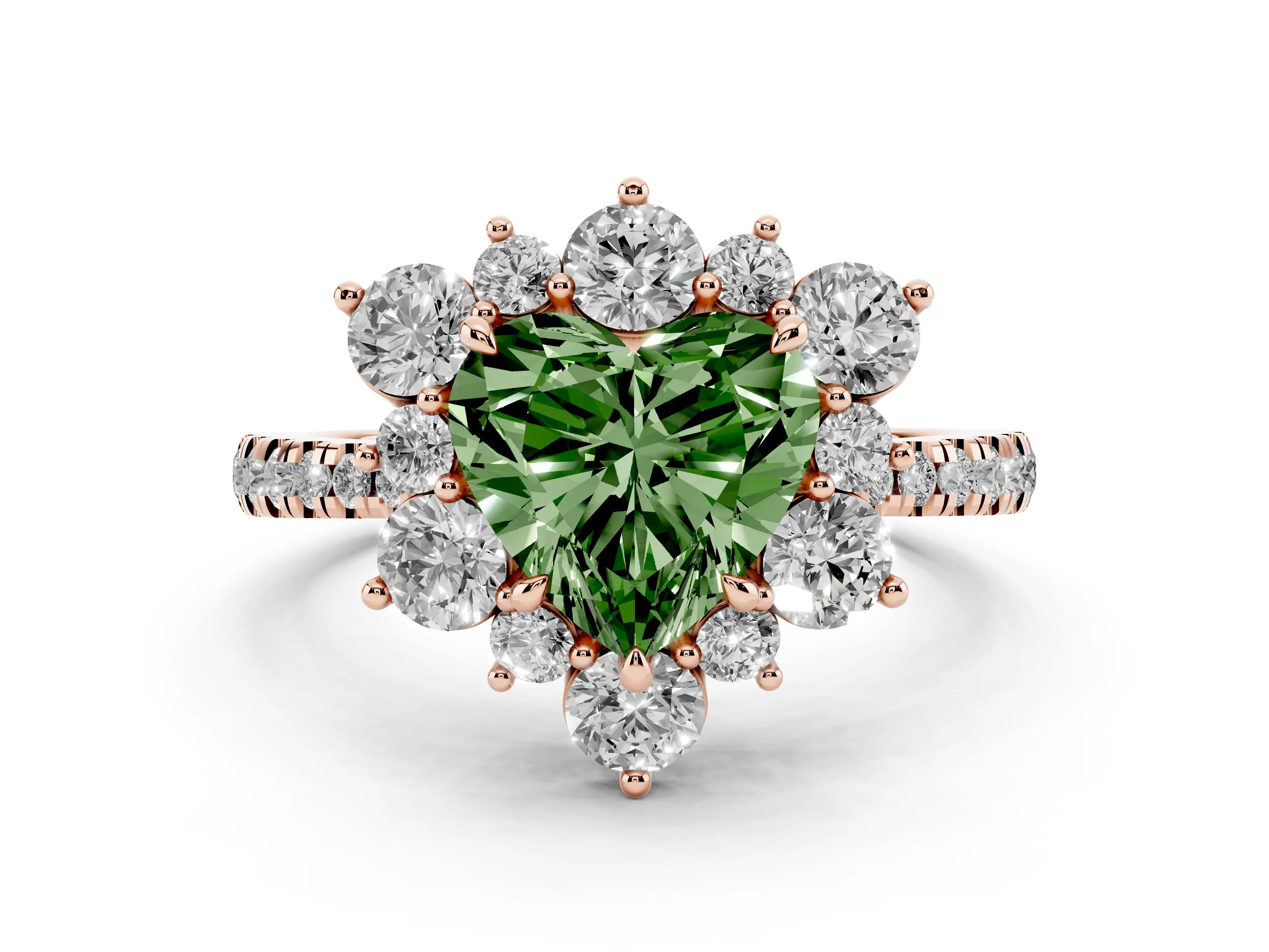 Fancy Green Heart Cut Diamond Floral Halo Ring Set in Rose gold with Round Pavé Band and Prong Setting