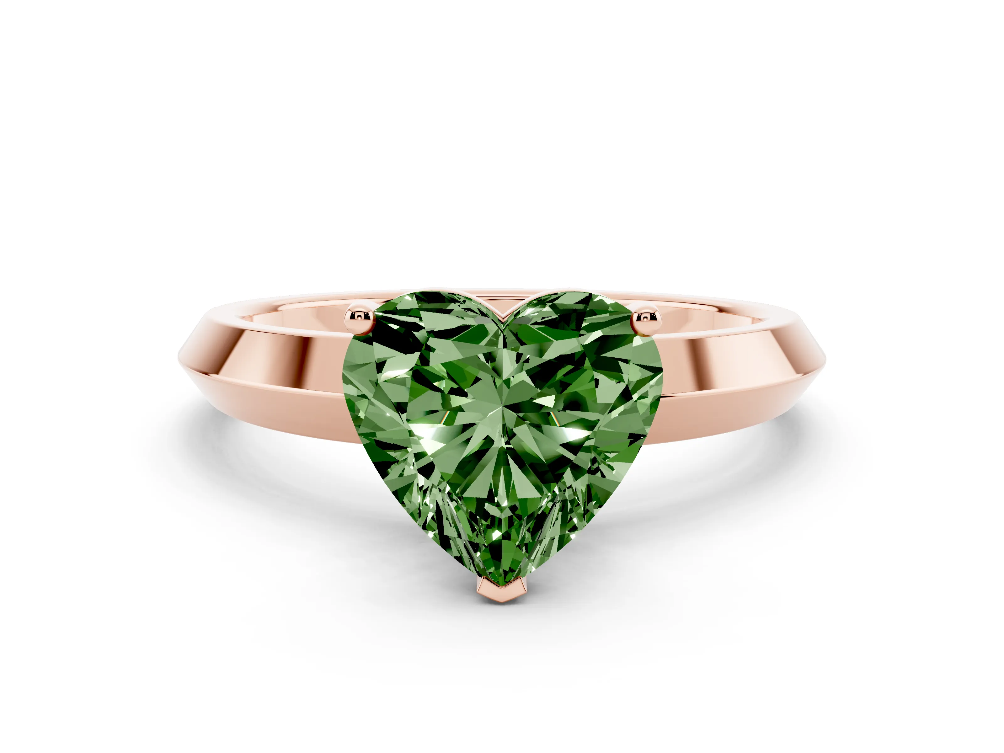 Fancy Green Heart Cut Diamond Solitaire Engagement Ring Set in Rose gold with Flat Band and Prong Setting