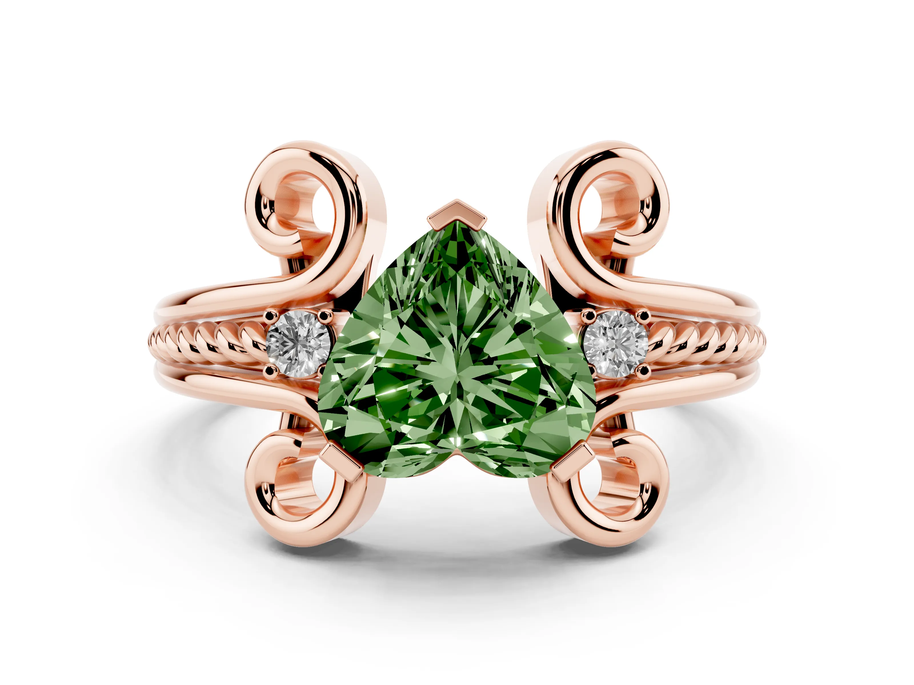 Fancy Green Heart Cut Diamond Twisted Band Solitaire Ring Set in Rose gold with Scroll Prongs