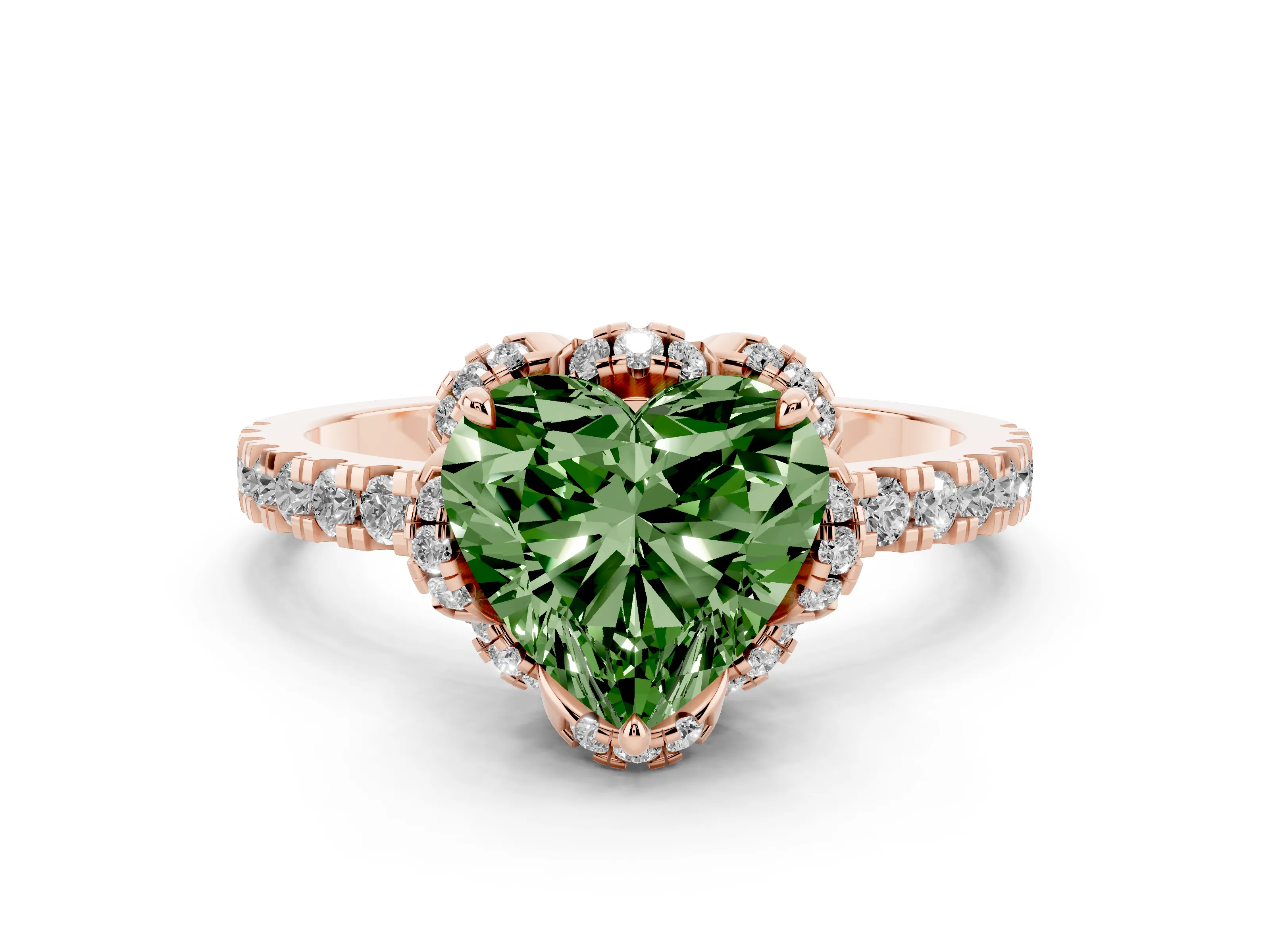 Fancy Green Heart Cut Diamond Halo Pavé Band Ring Set in Rose gold with Prong-Held Center