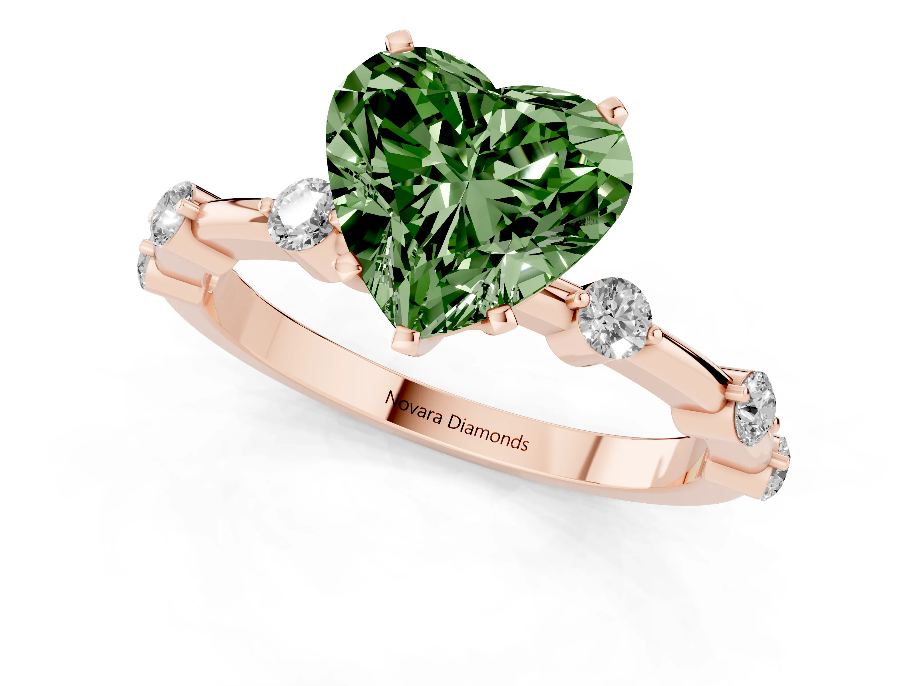 Fancy Green Heart Cut Diamond Solitaire Ring Set in Rose gold with Bezel Set Side Stones and Prong Setting