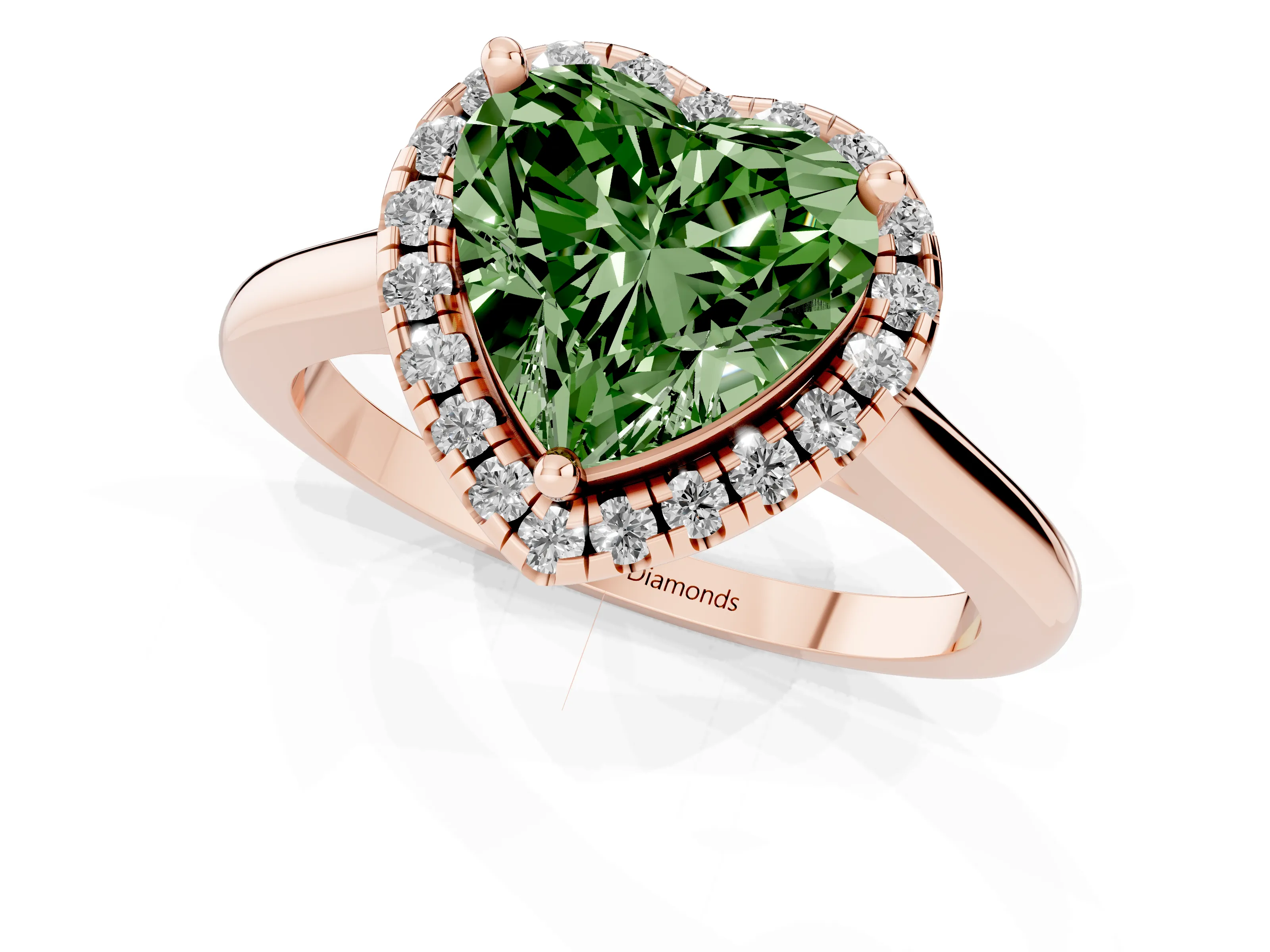 Fancy Green Heart Cut Diamond Halo Engagement Ring Set in Rose gold with Pavé Band and Rising Shoulders