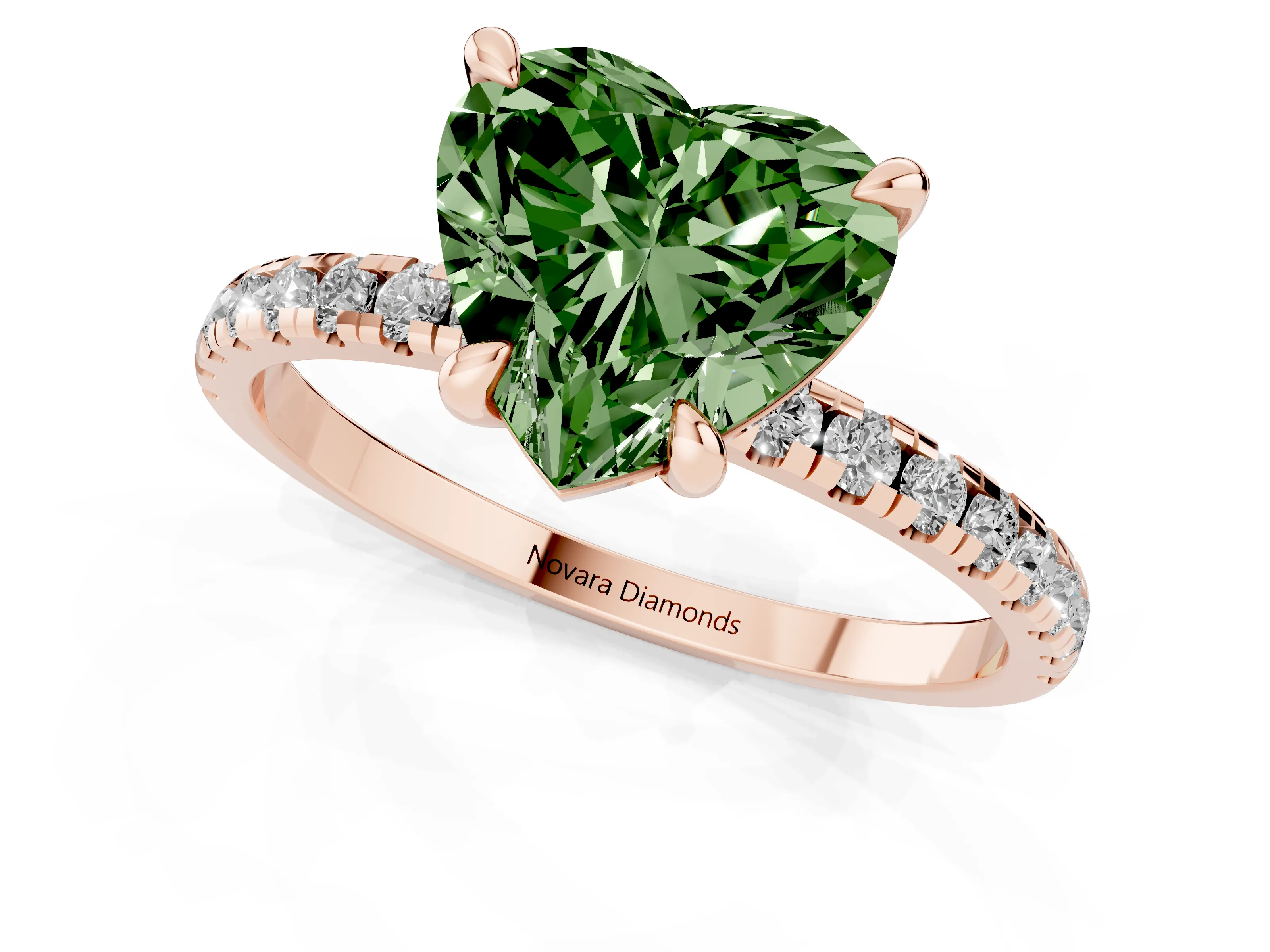 Fancy Green Heart Cut Diamond Brilliant Solitaire Ring Set in Rose gold with Pavé Band and Prong Setting