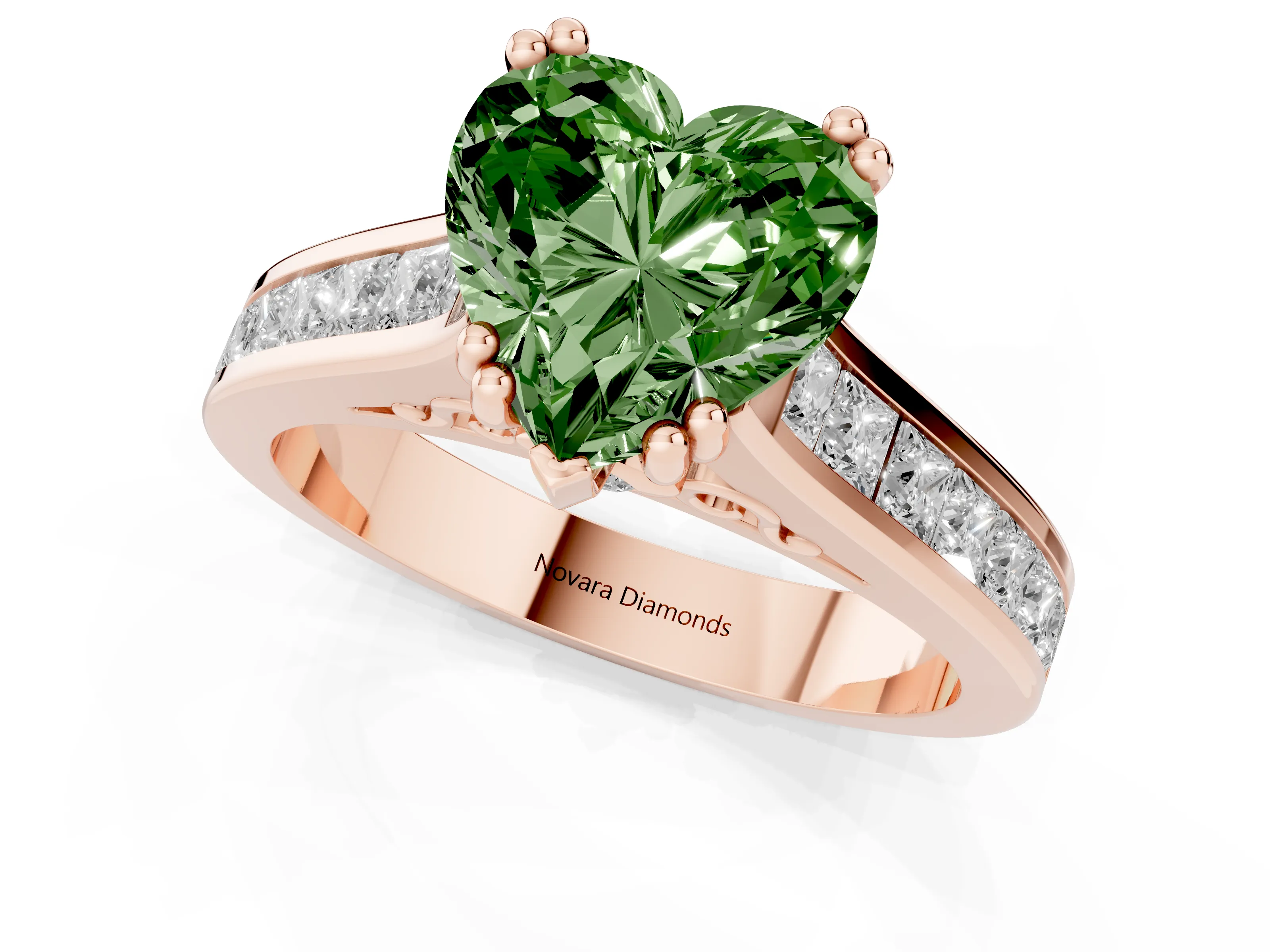 Fancy Green Heart Cut Diamond Channel Set Solitaire Engagement Ring Set in Rose gold with Prong Setting