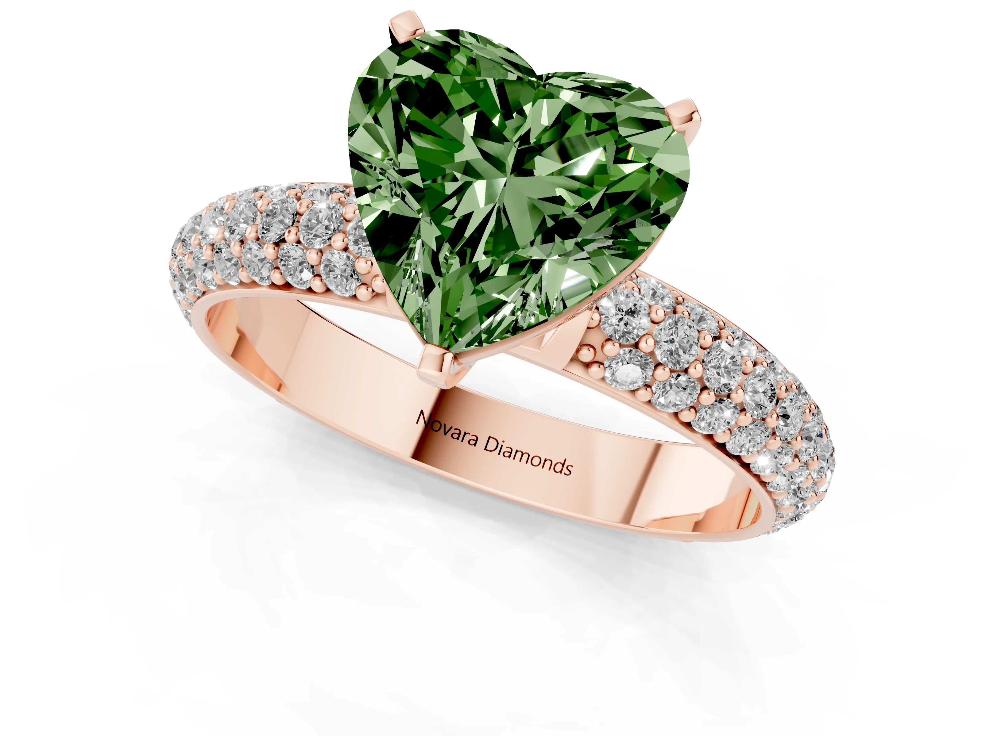 Fancy Green Heart Cut Diamond Solitaire Ring Set in Rose gold with Prong Setting and Pavé-Set Band