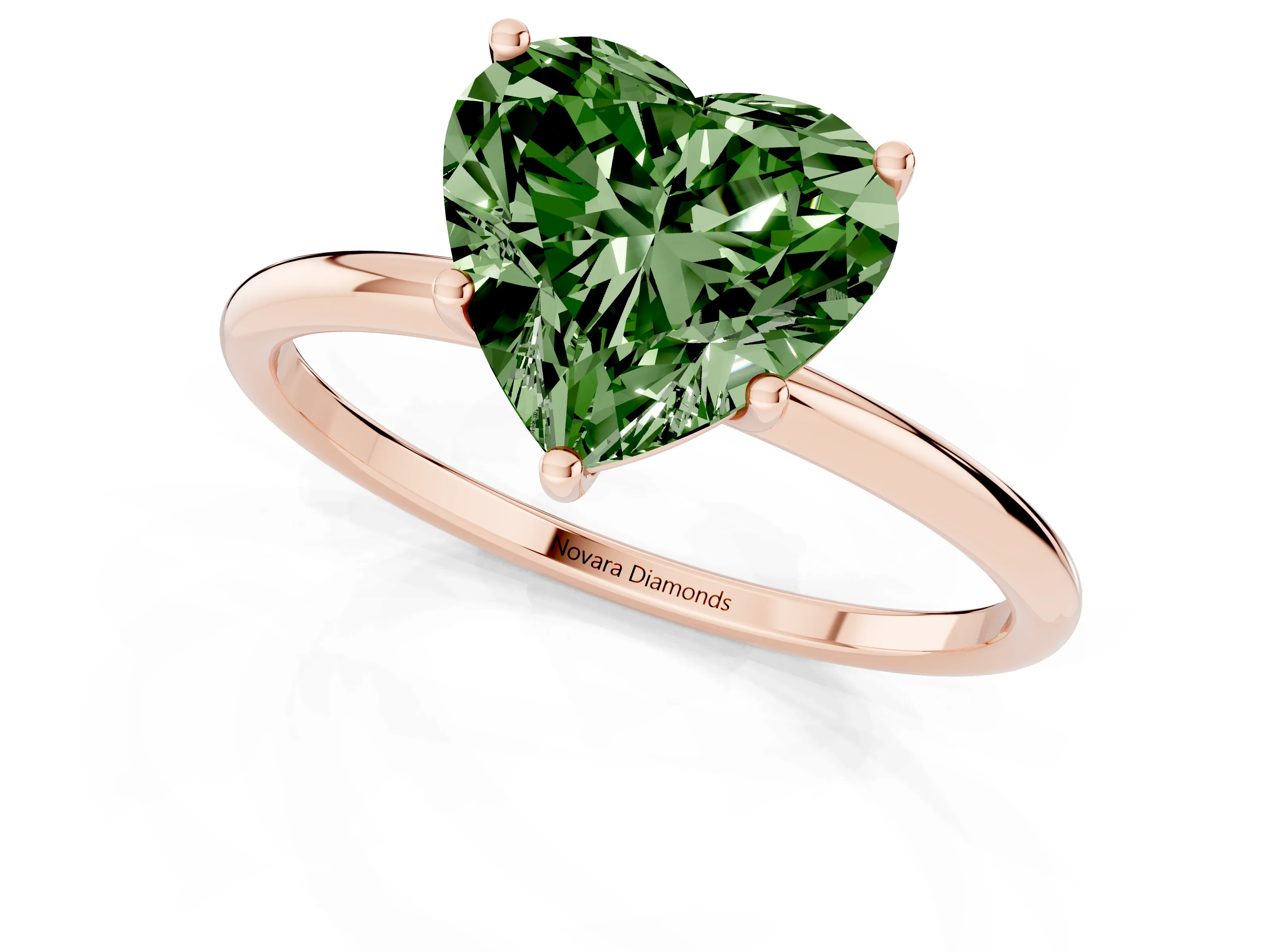 Fancy Green Heart Cut Diamond Solitaire Engagement Ring Set in Rose gold with Thin Band and Prong Setting