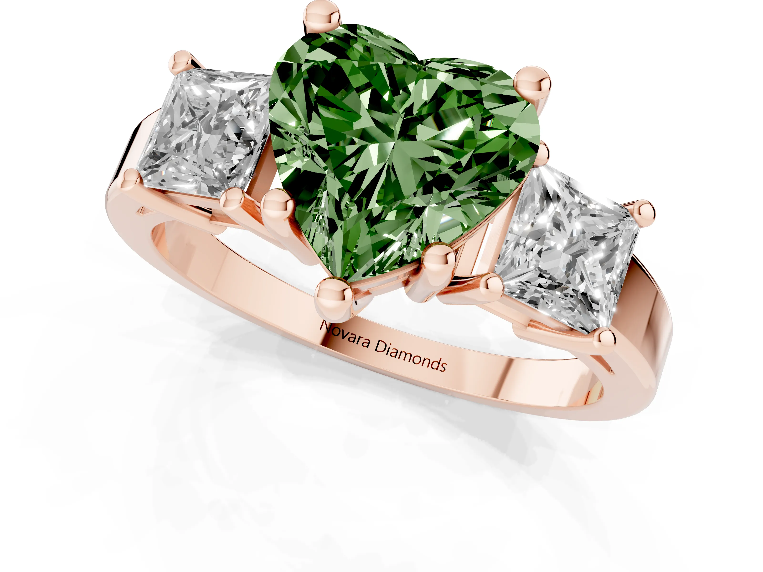 Fancy Green Three-Stone Heart Cut Diamond Solitaire Ring Set in Rose gold with Prong Setting