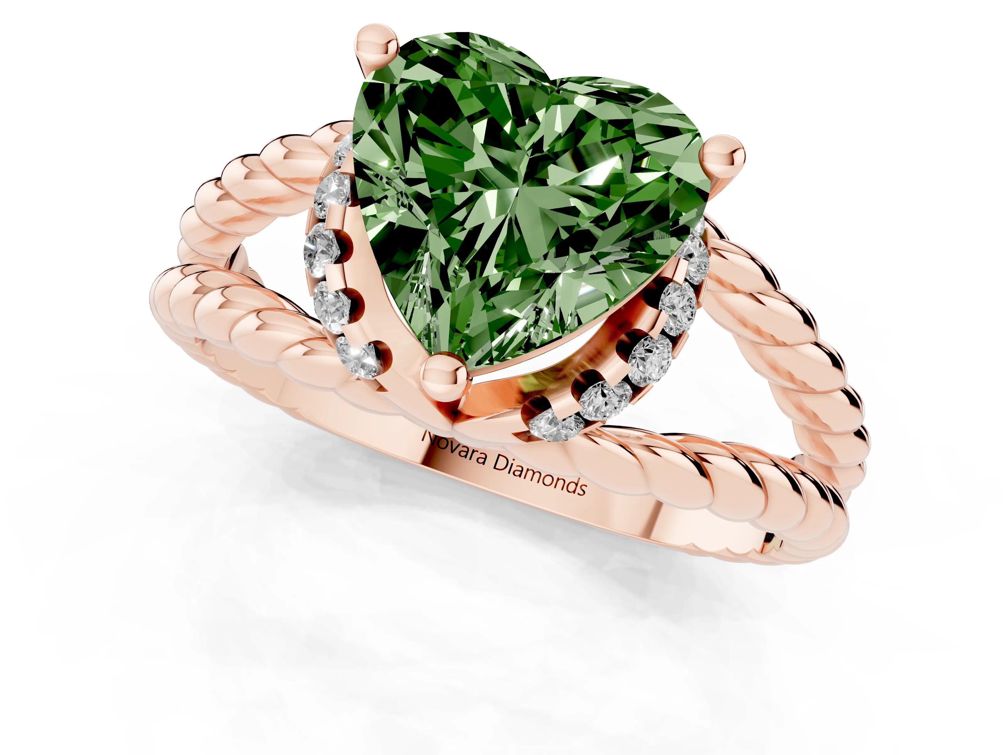 Fancy Green Heart Cut Diamond Halo Ring Set in Rose gold with Twisted Band and Prong Setting