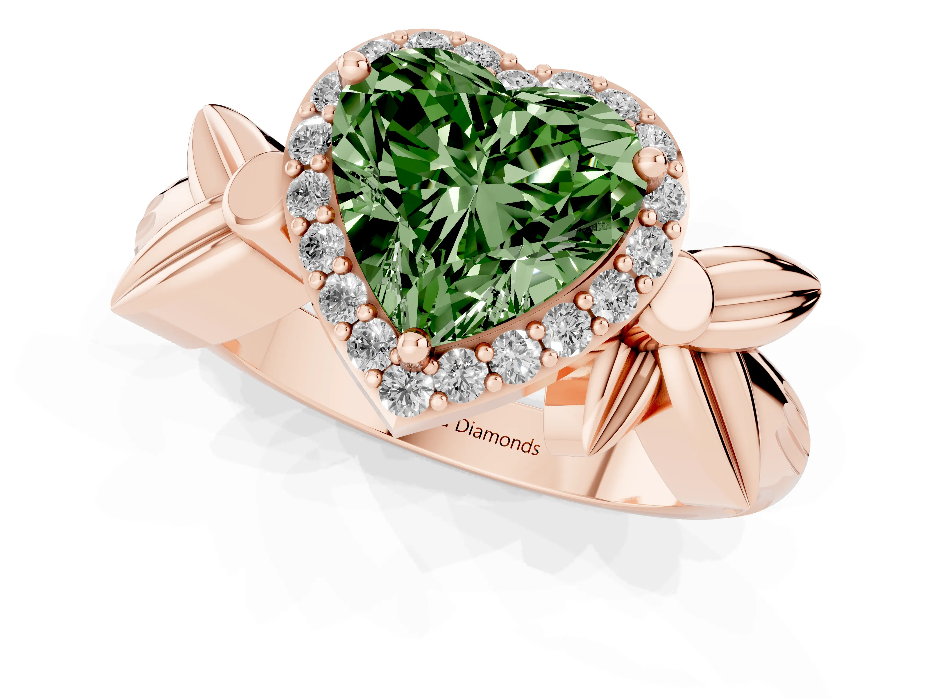 Fancy Green Heart Cut Diamond Halo Floral Band Ring Set in Rose gold with Prong Setting
