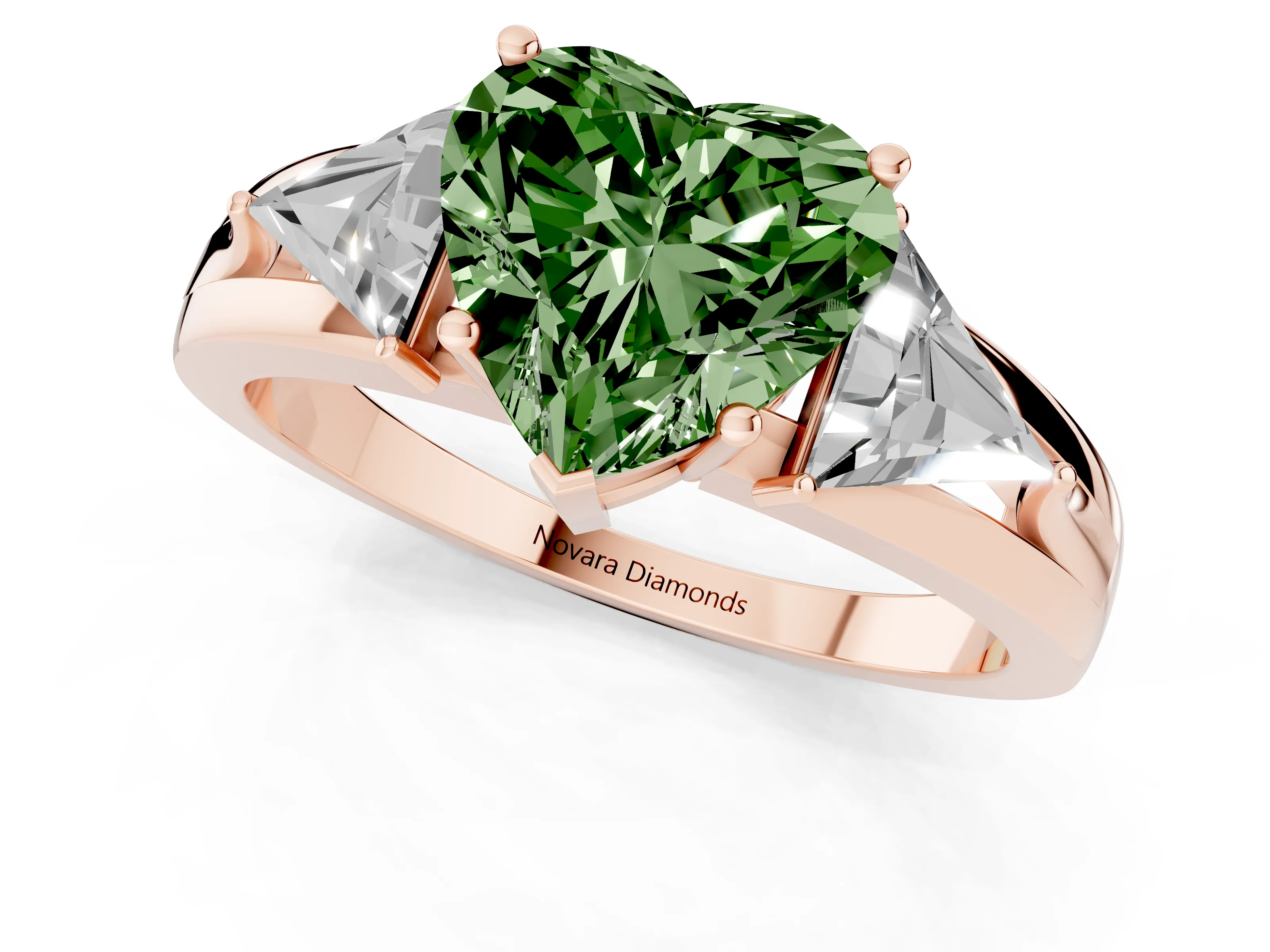 Fancy Green Heart Cut Diamond Three-Stone Ring Set in Rose gold with Trillion Side Stones and Split Shank