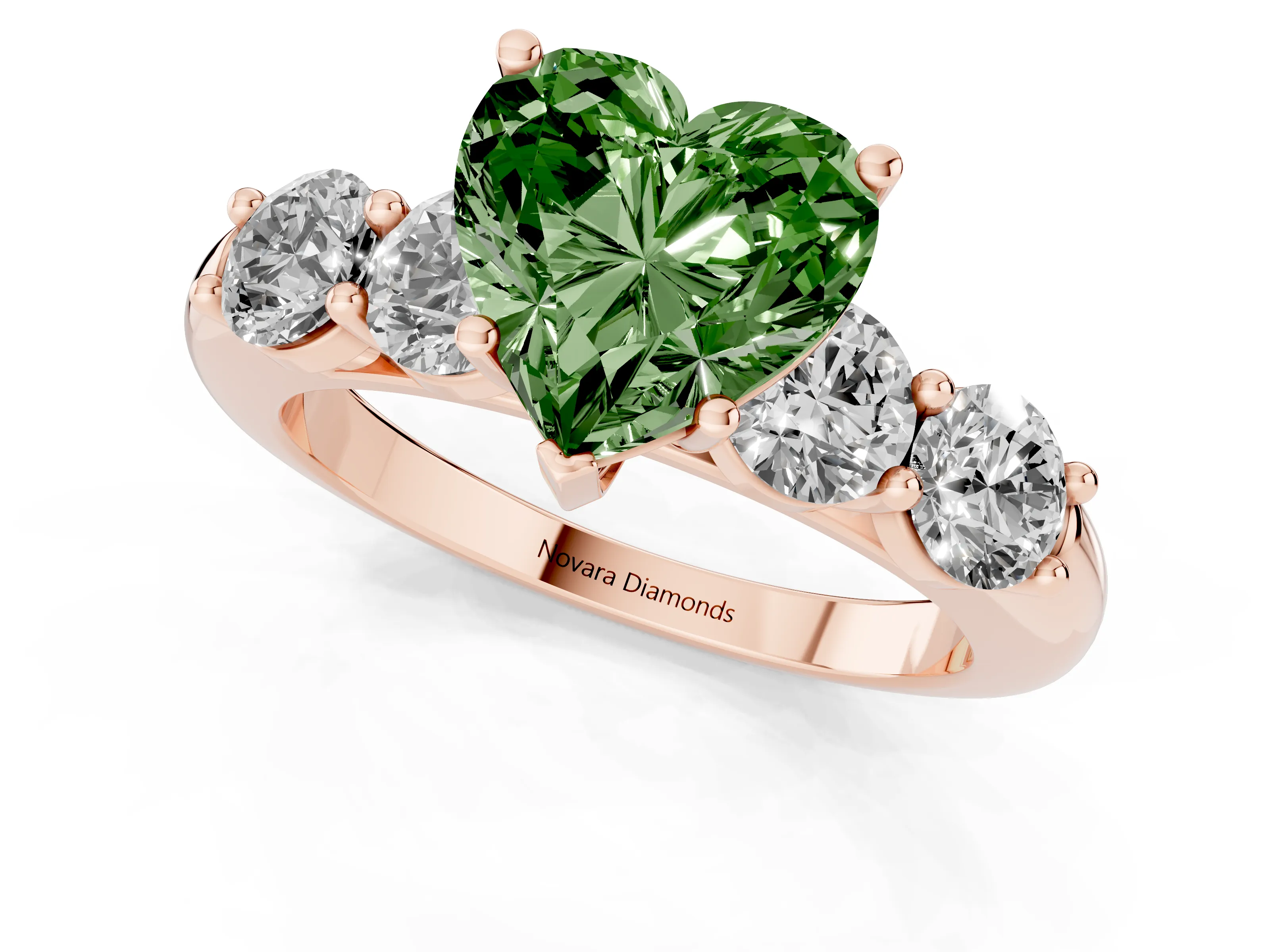 Fancy Green Heart Cut Diamond Five-Stone Prong Set Ring Set in Rose gold with Classic Band