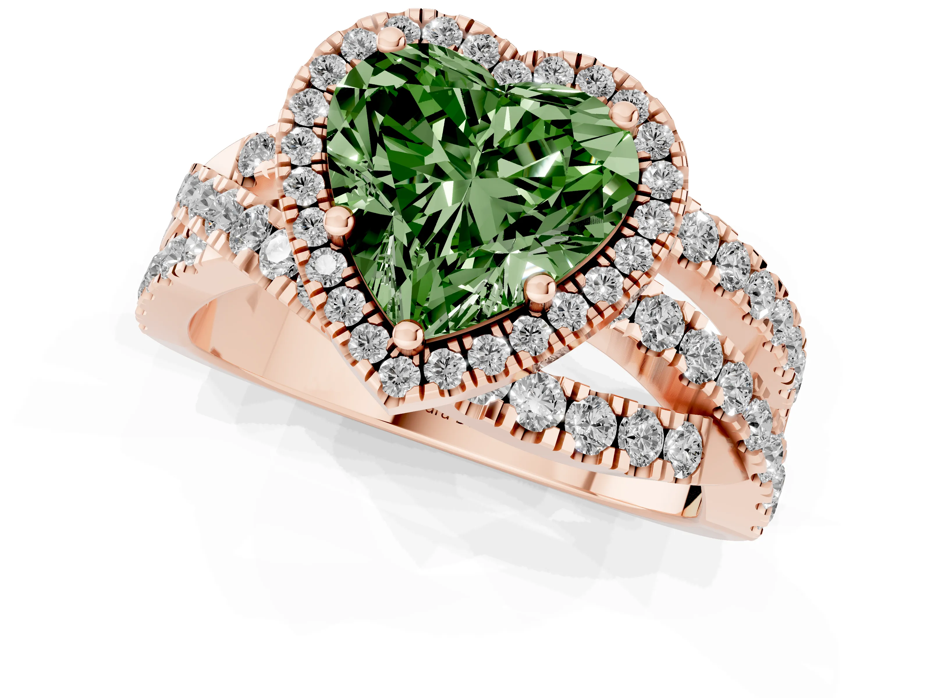 Fancy Green Heart Cut Diamond Halo Ring Set in Rose gold with Round Crossover Split Shank and Prong Setting