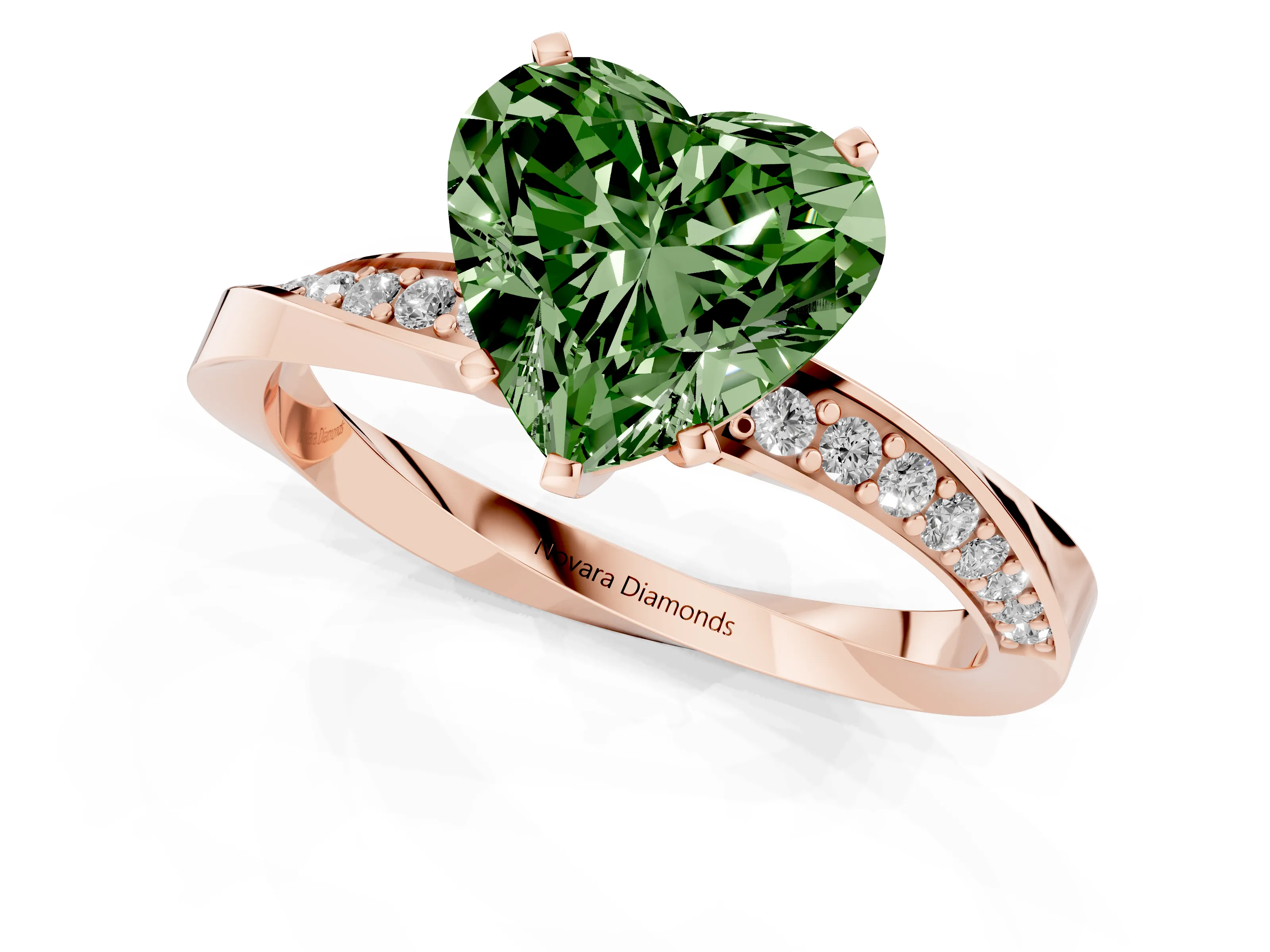 Fancy Green Heart Cut Diamond Engagement Ring Set in Rose gold with Side Stone Accents and Prong Setting