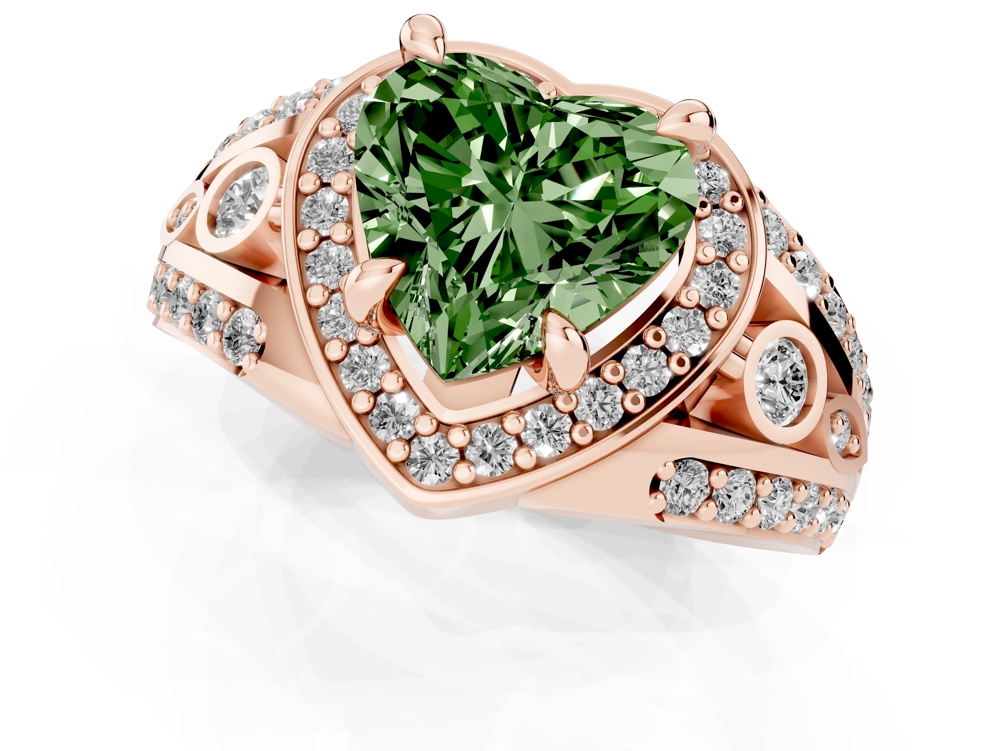 Fancy Green Heart Cut Diamond Halo Ring Set in Rose gold with Pavé Split Shank and Bezel Accents