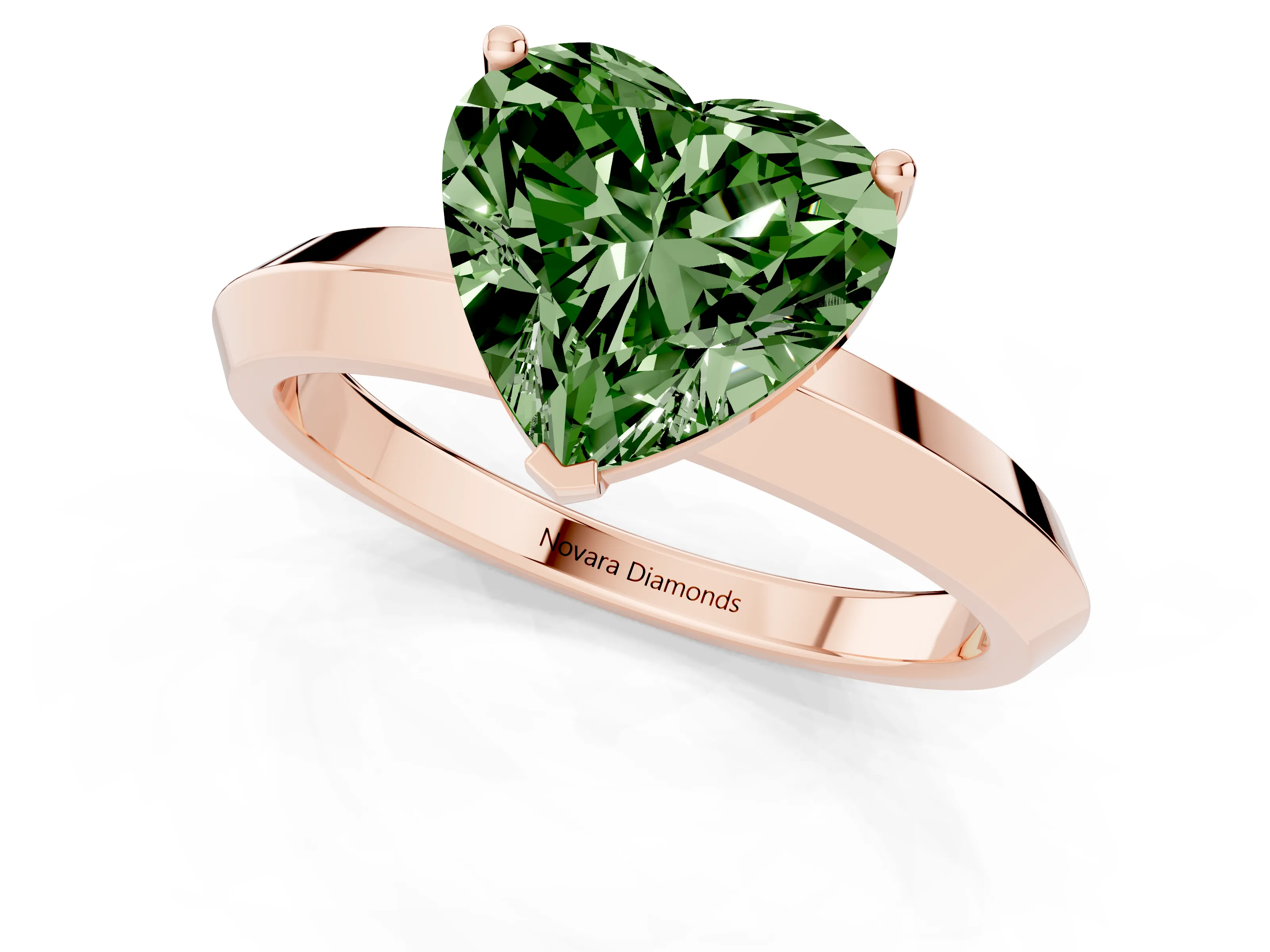 Fancy Green Heart Cut Diamond Solitaire Engagement Ring Set in Rose gold with Flat Band and Prong Setting