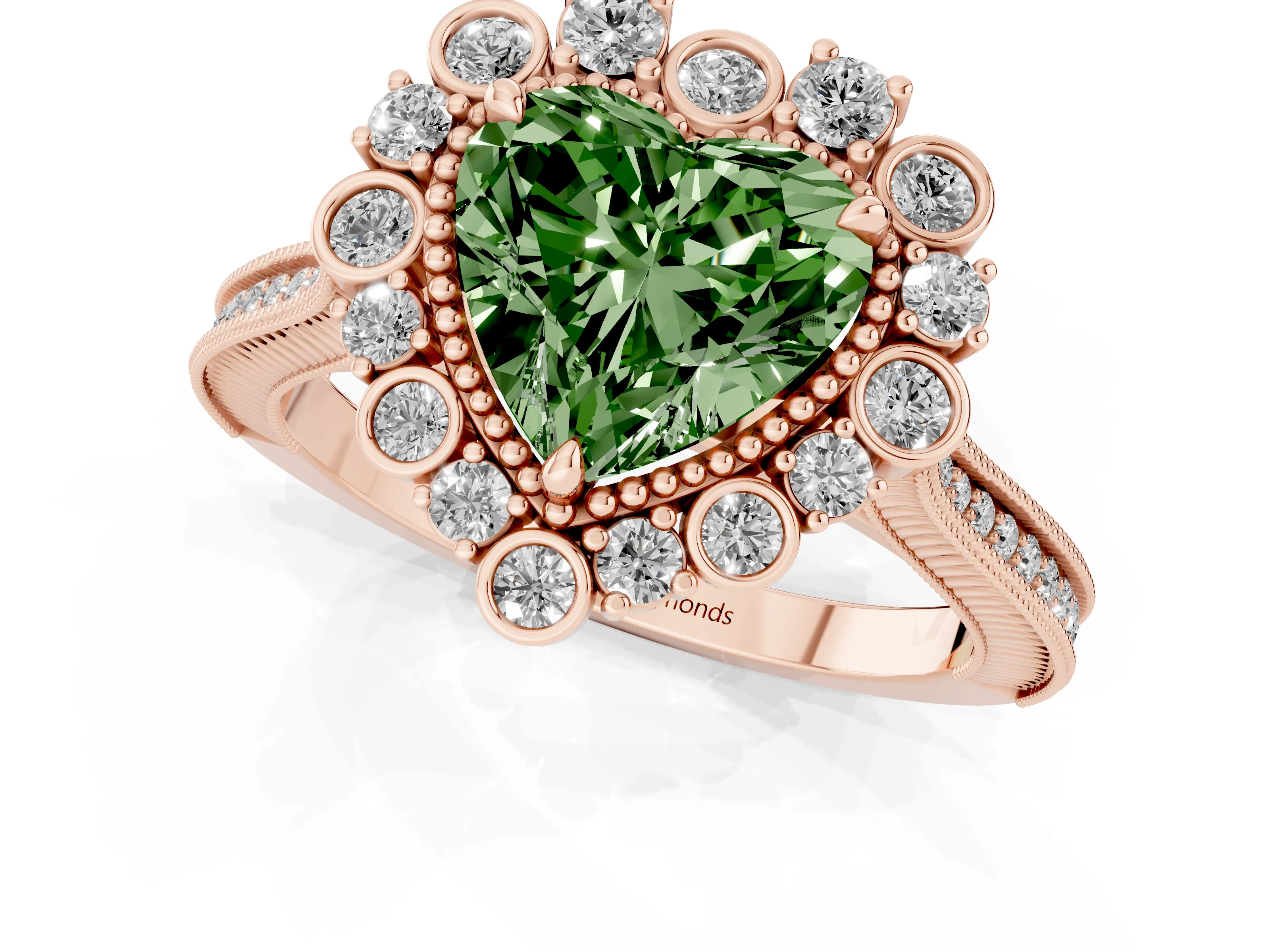 Fancy Green Heart Cut Diamond Halo Milgrain Pavé Ring Set in Rose gold with Prong Setting