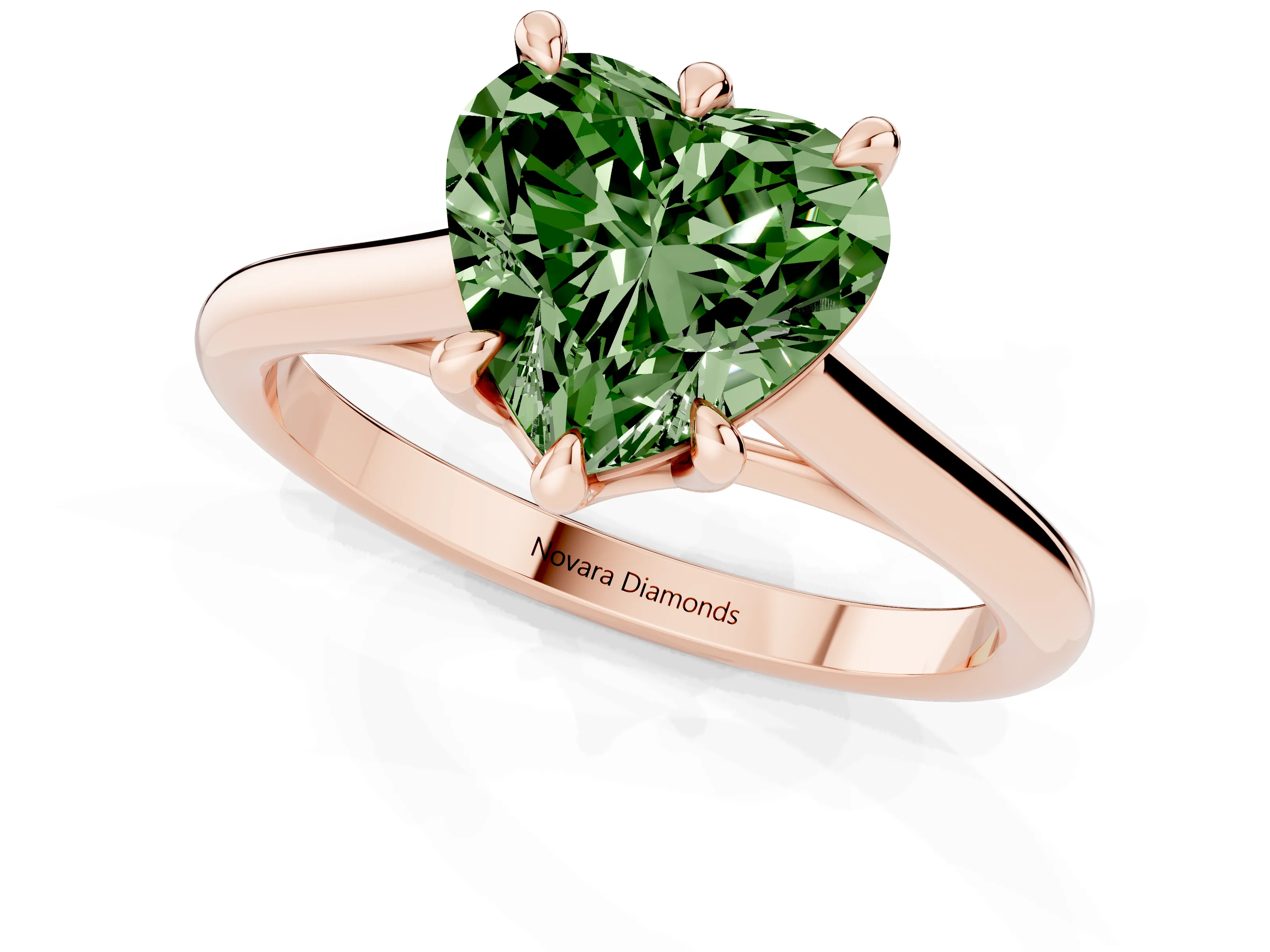 Fancy Green Heart Cut Diamond Solitaire Engagement Ring Set in Rose gold with Prong Setting and Plain Classic Band