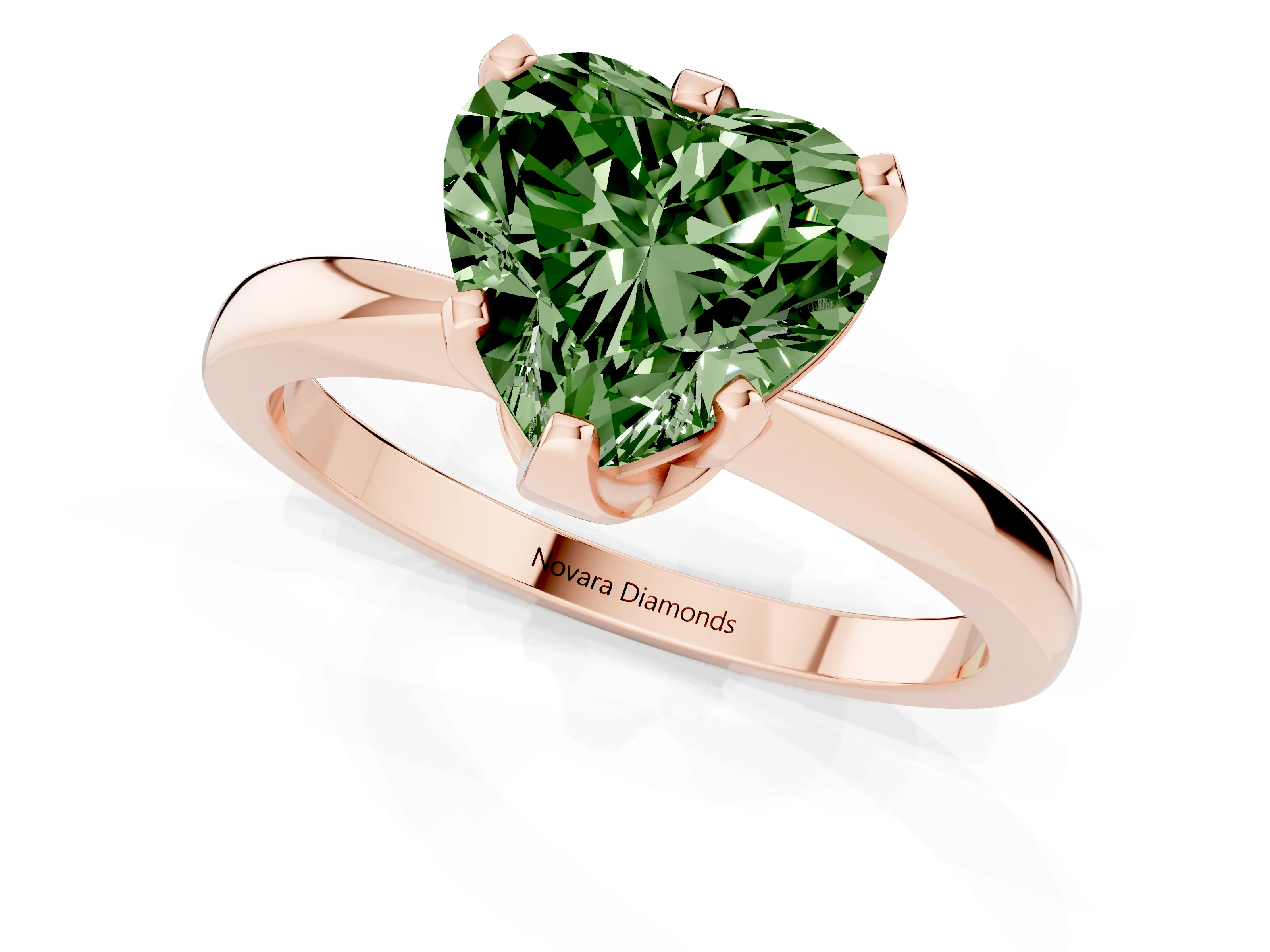 Fancy Green Heart Cut Diamond Solitaire Engagement Ring Set in Rose gold with Slim Tapered Solitaire Band
