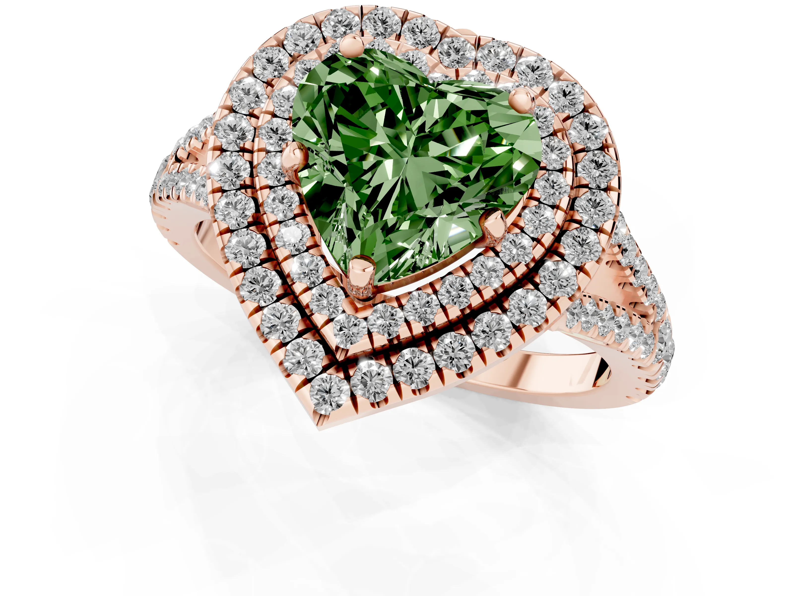 Fancy Green Heart Cut Diamond Double Halo Ring Set in Rose gold with Pavé Band