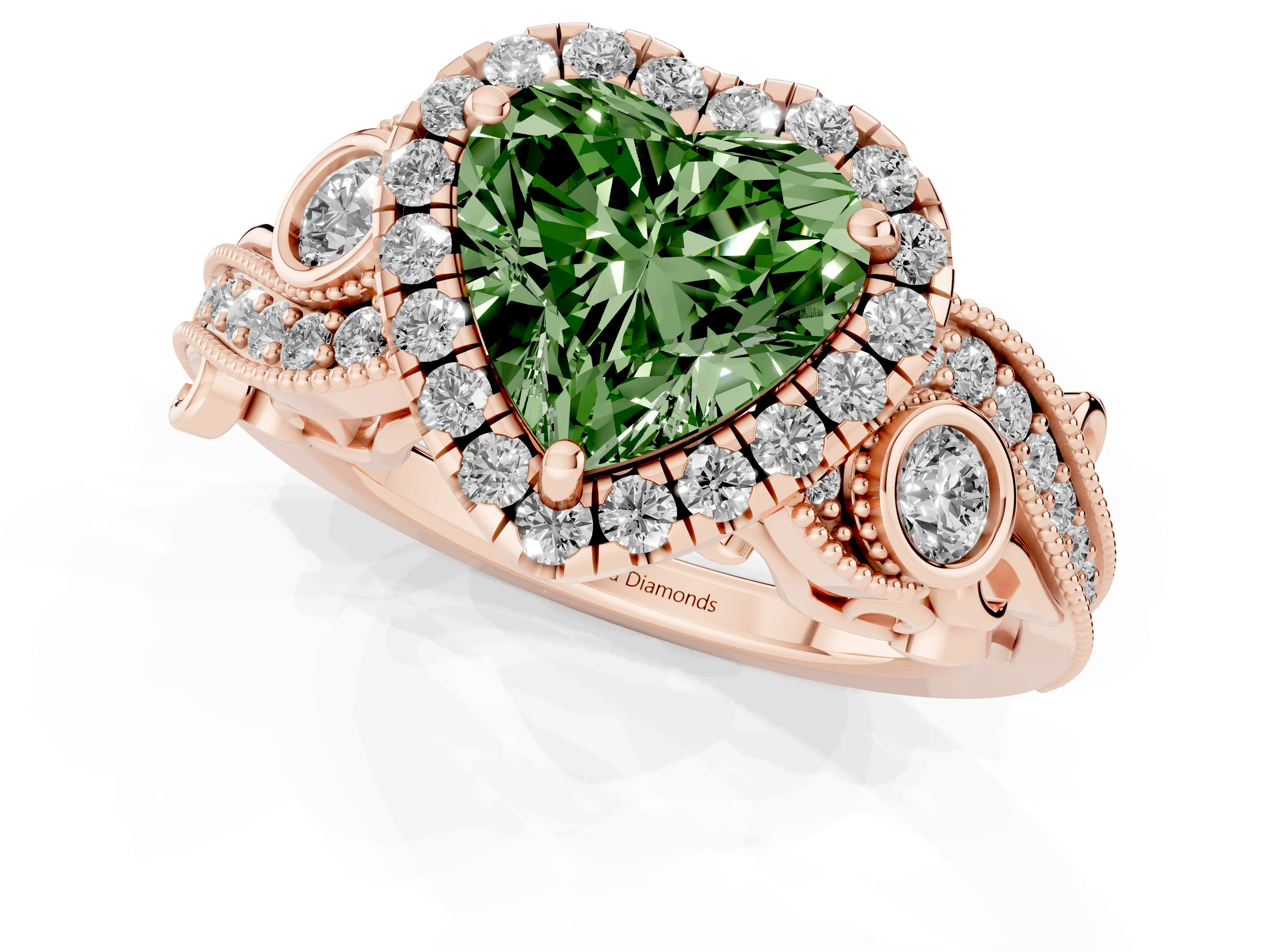 Fancy Green Heart Cut Diamond Halo Ring Set in Rose gold with Milgrain Pavé Band and Prong Setting