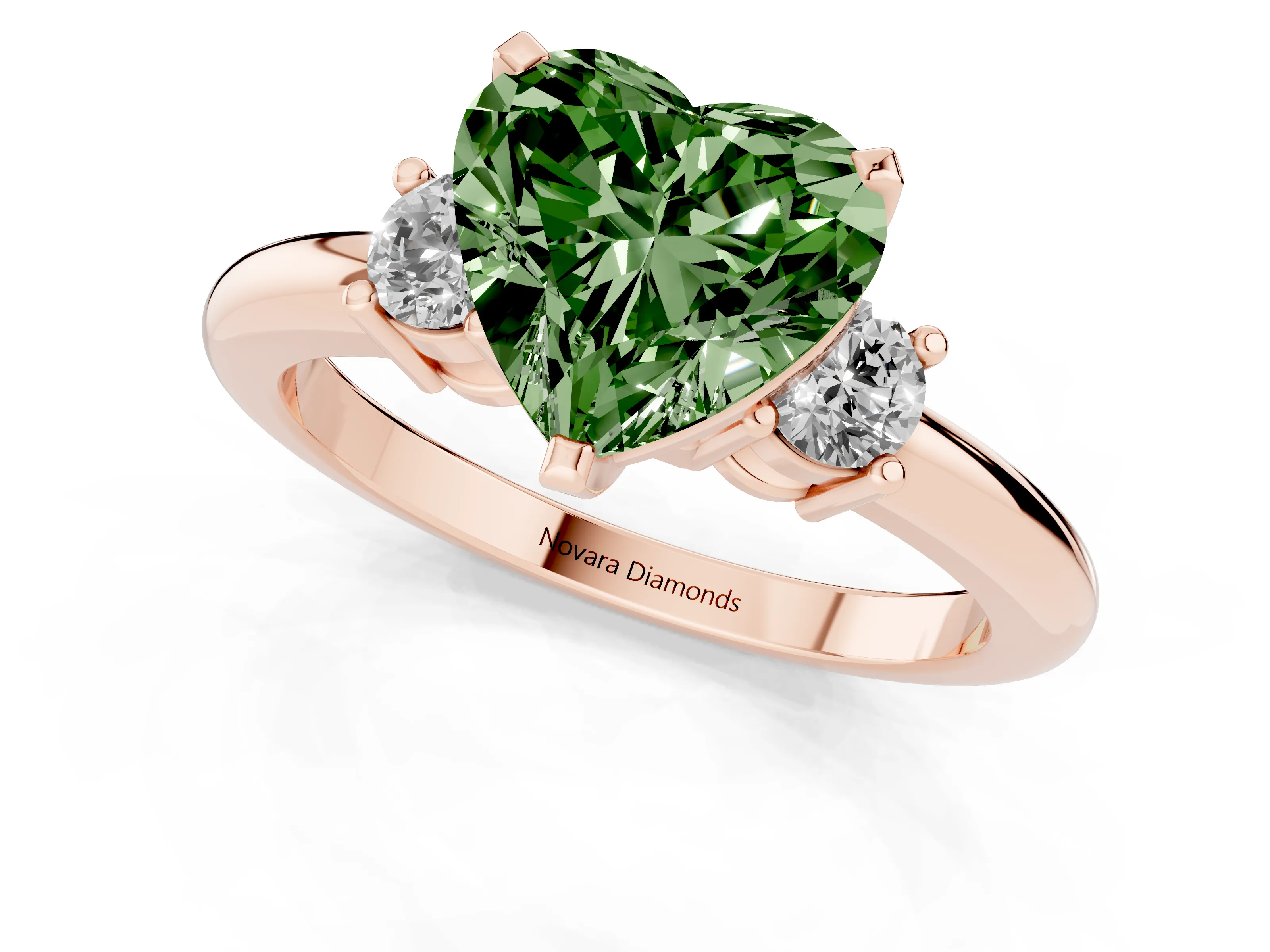 Fancy Green Three-Stone Heart Cut Diamond Ring Set in Rose gold with Prong Setting and Plain Band