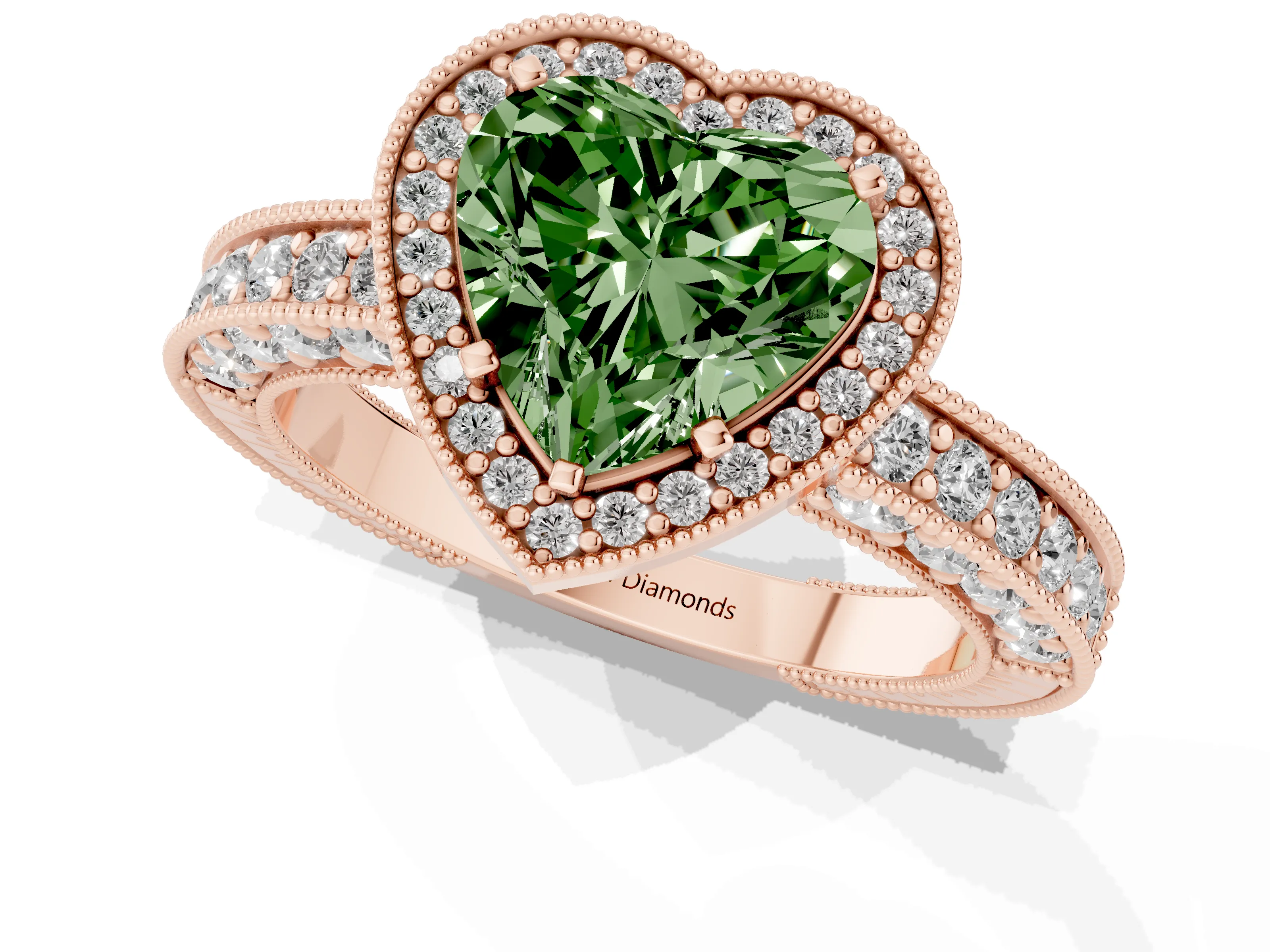 Fancy Green Heart Cut Diamond Halo Pavé Band Ring Set in Rose gold with Prong-Set Center