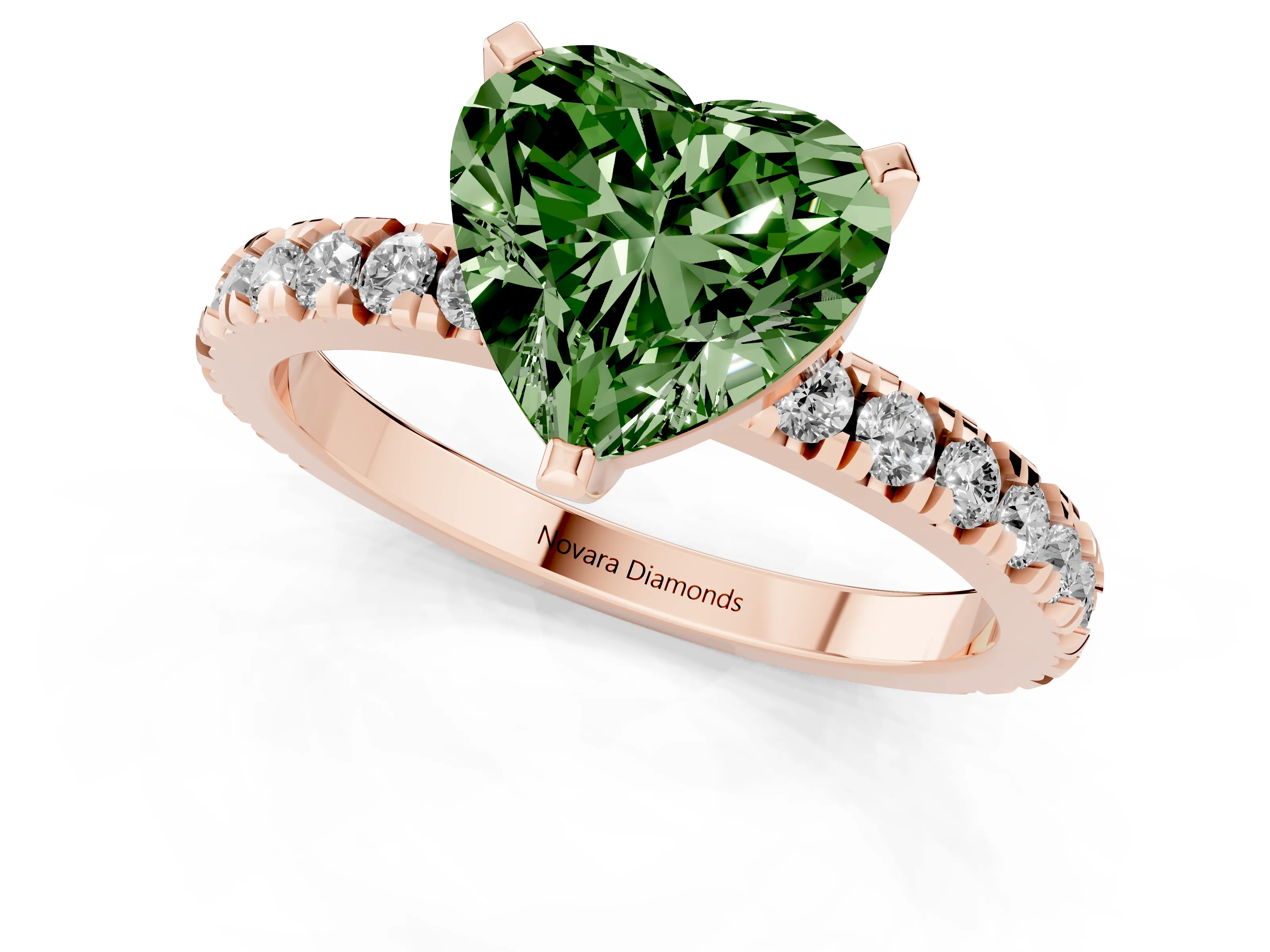 Fancy Green Heart Cut Diamond Pavé Band Solitaire Set in Rose gold with Prong Setting