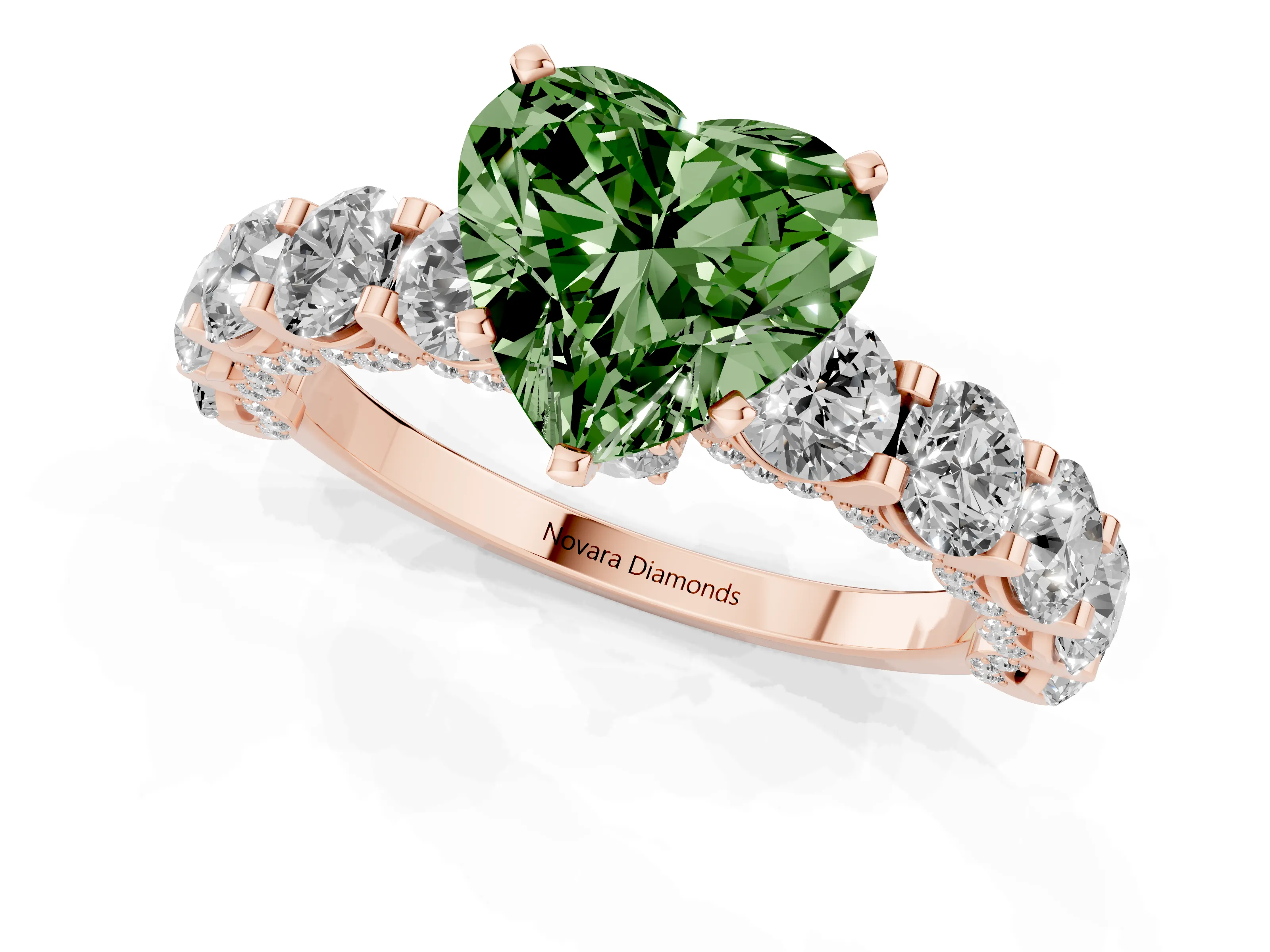 Fancy Green Heart Cut Diamond Side Stone Ring Set in Rose gold with Alternating Round and Oval Side Stones – second view