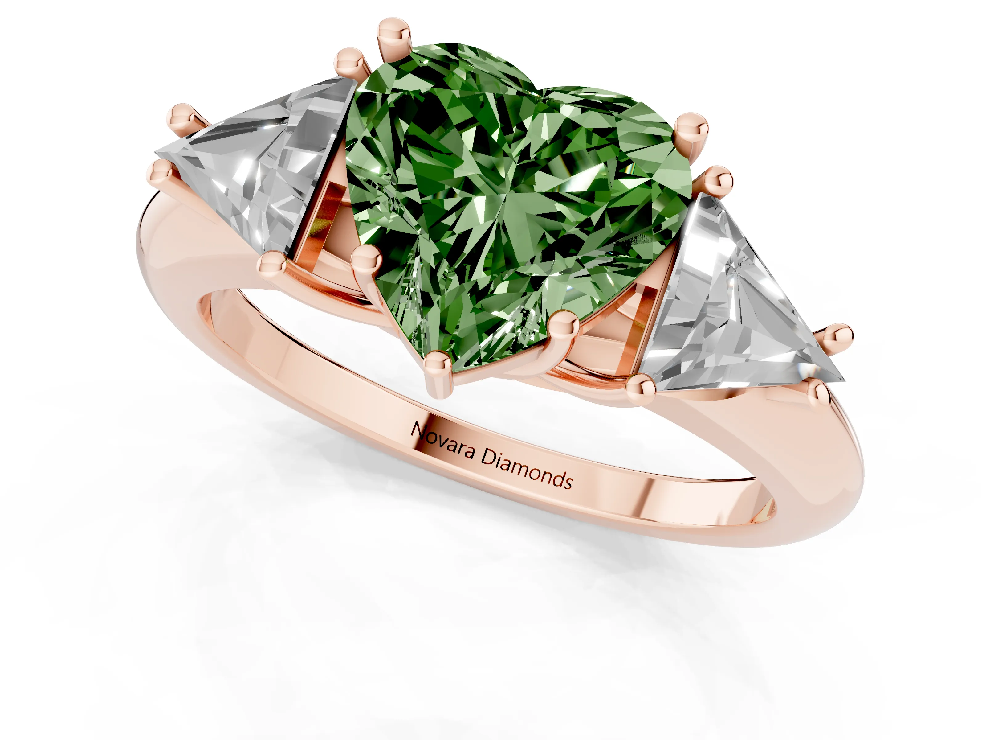 Fancy Green Heart Cut Diamond Three-Stone Engagement Ring Set in Rose gold with Trillion Side Stones
